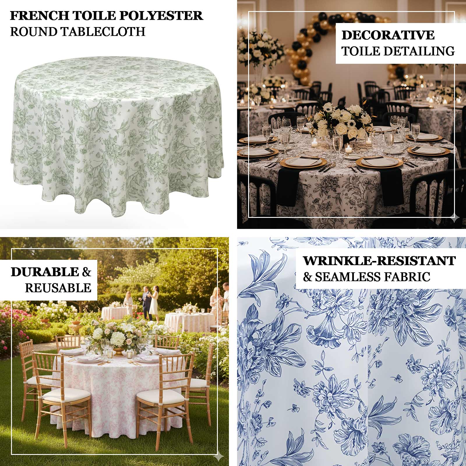Polyester Round Tablecloth 108" White with Black French Toile Pattern - Sophisticated Table Cover for Chic Weddings & Events - Image 4