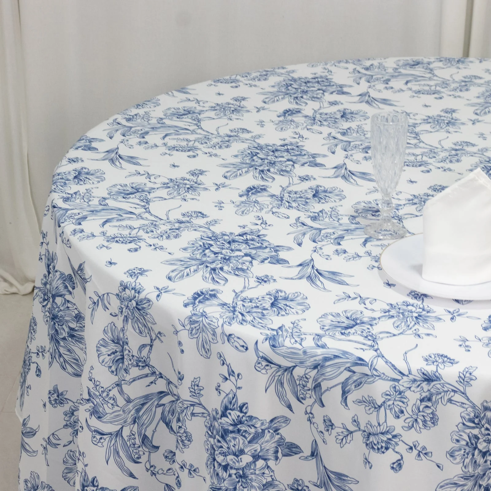 Polyester Round Tablecloth 108" White with Blue French Toile Pattern - Sophisticated Table Cover for Chic Weddings & Events - Image 2