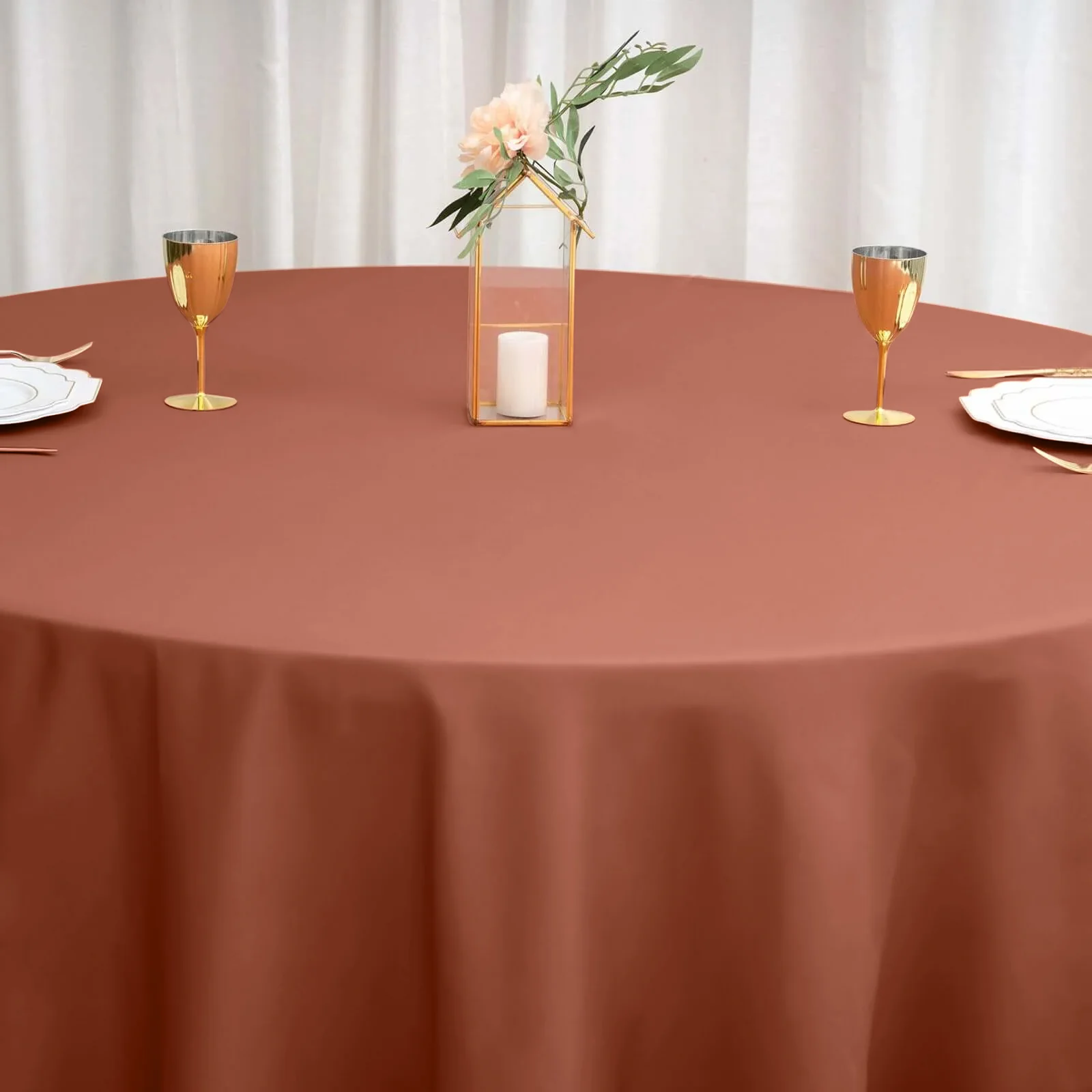 Polyester Round Tablecloth 108" Terracotta (Rust) - Durable and Stain-Resistant for Easy Maintenance - Image 7