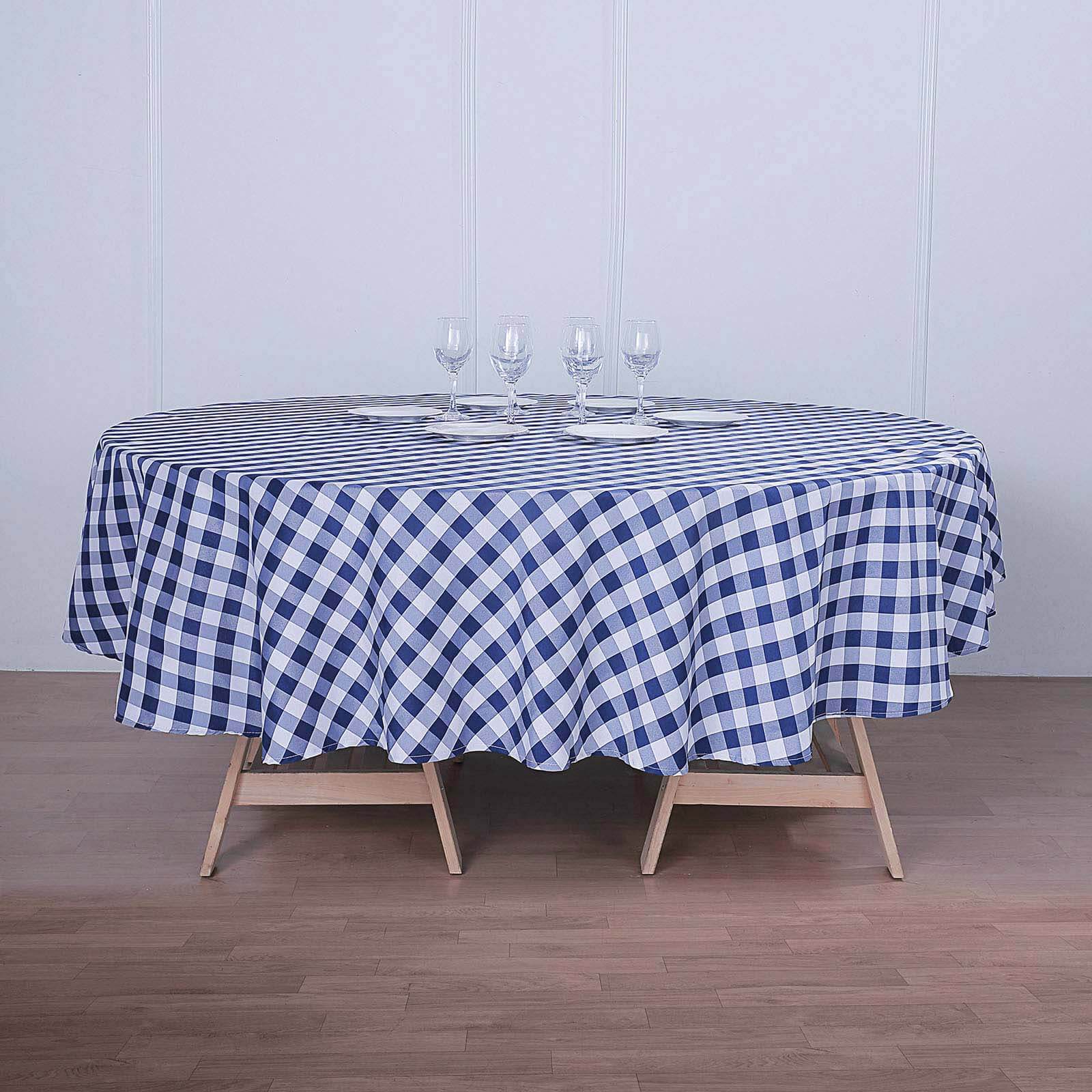Polyester Round Tablecloth 108" White/Navy Blue Checkered Buffalo Plaid Table Cover