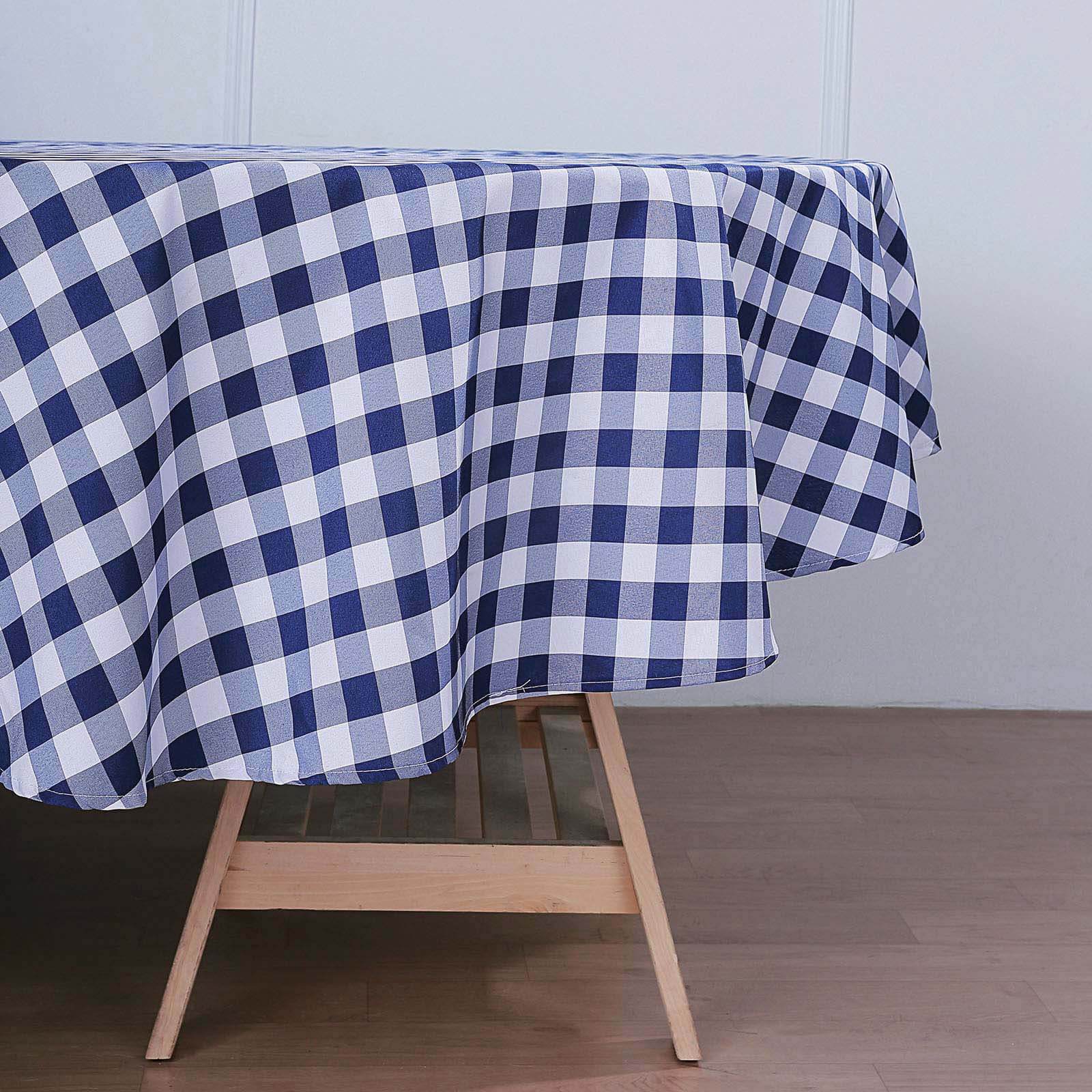 Polyester Round Tablecloth 108" White/Navy Blue Checkered Buffalo Plaid Table Cover - Image 5