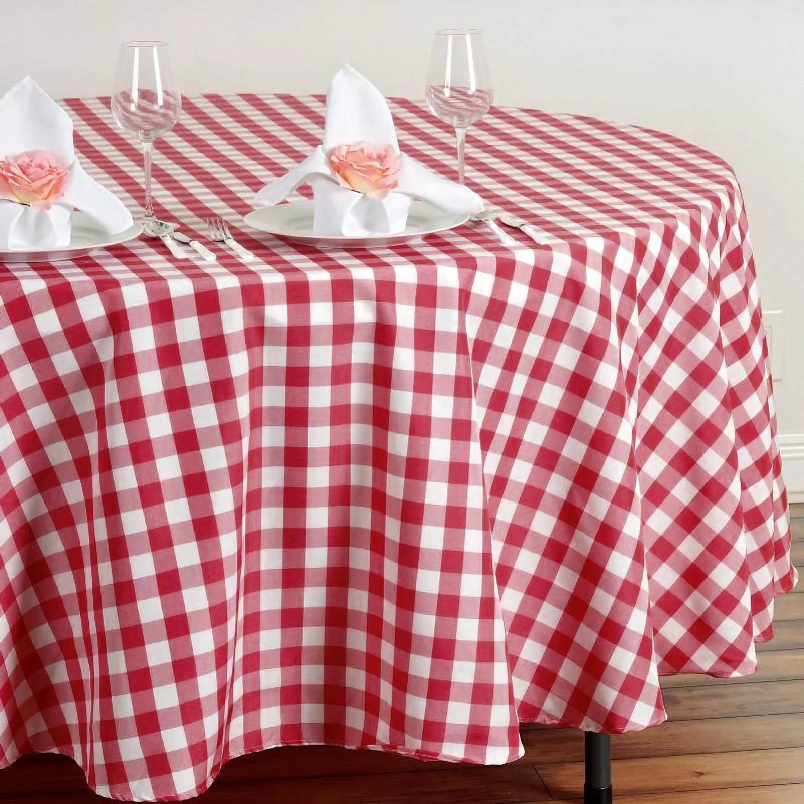 Polyester Round Tablecloth 108" White/Red Checkered Buffalo Plaid Table Cover - Image 2