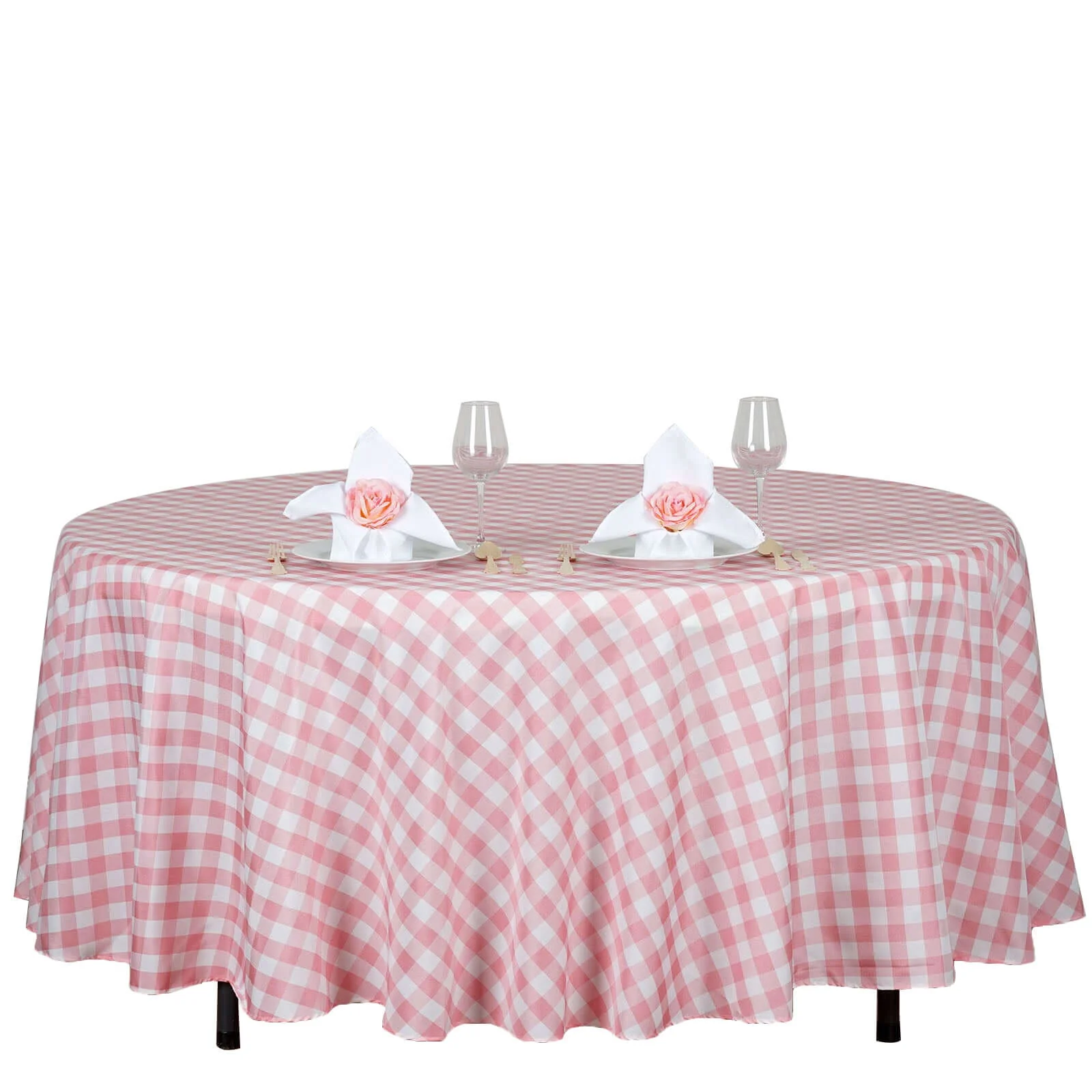 Polyester Round Tablecloth 108" White/Rose Quartz Checkered Buffalo Plaid Table Cover - Image 7