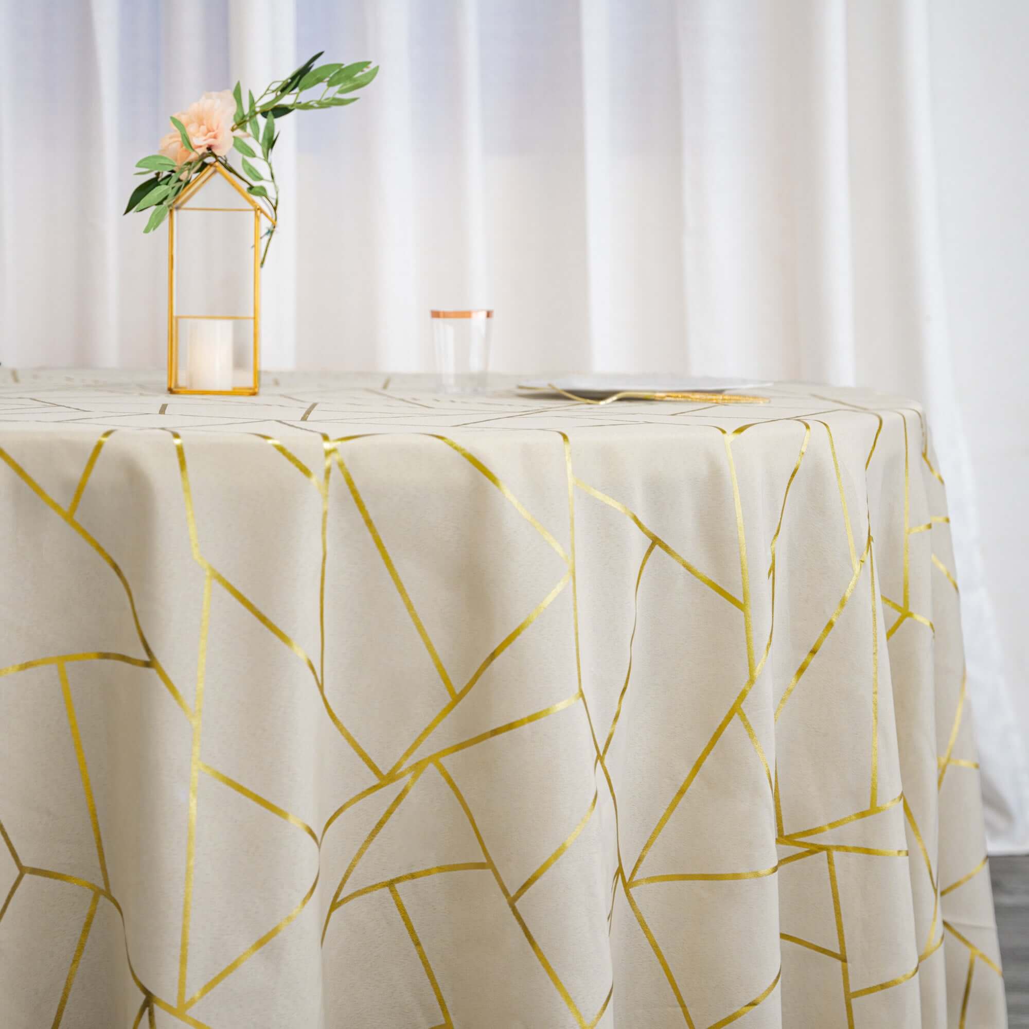 Polyester Round Tablecloth 120" Beige with Gold Foil Geometric Pattern - Seamless & Wrinkle-Resistant Table Cover - Image 5