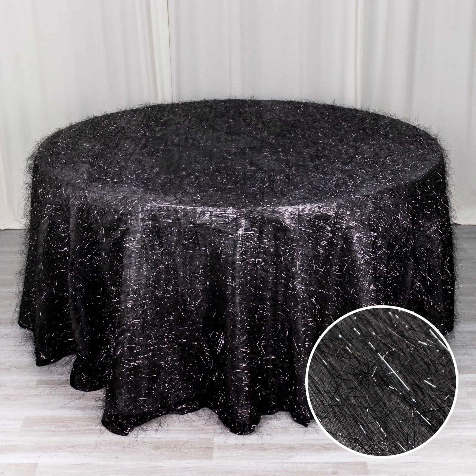 Polyester Round Tablecloth 120" Black Metallic Fringe Shag Tinsel Table Cover