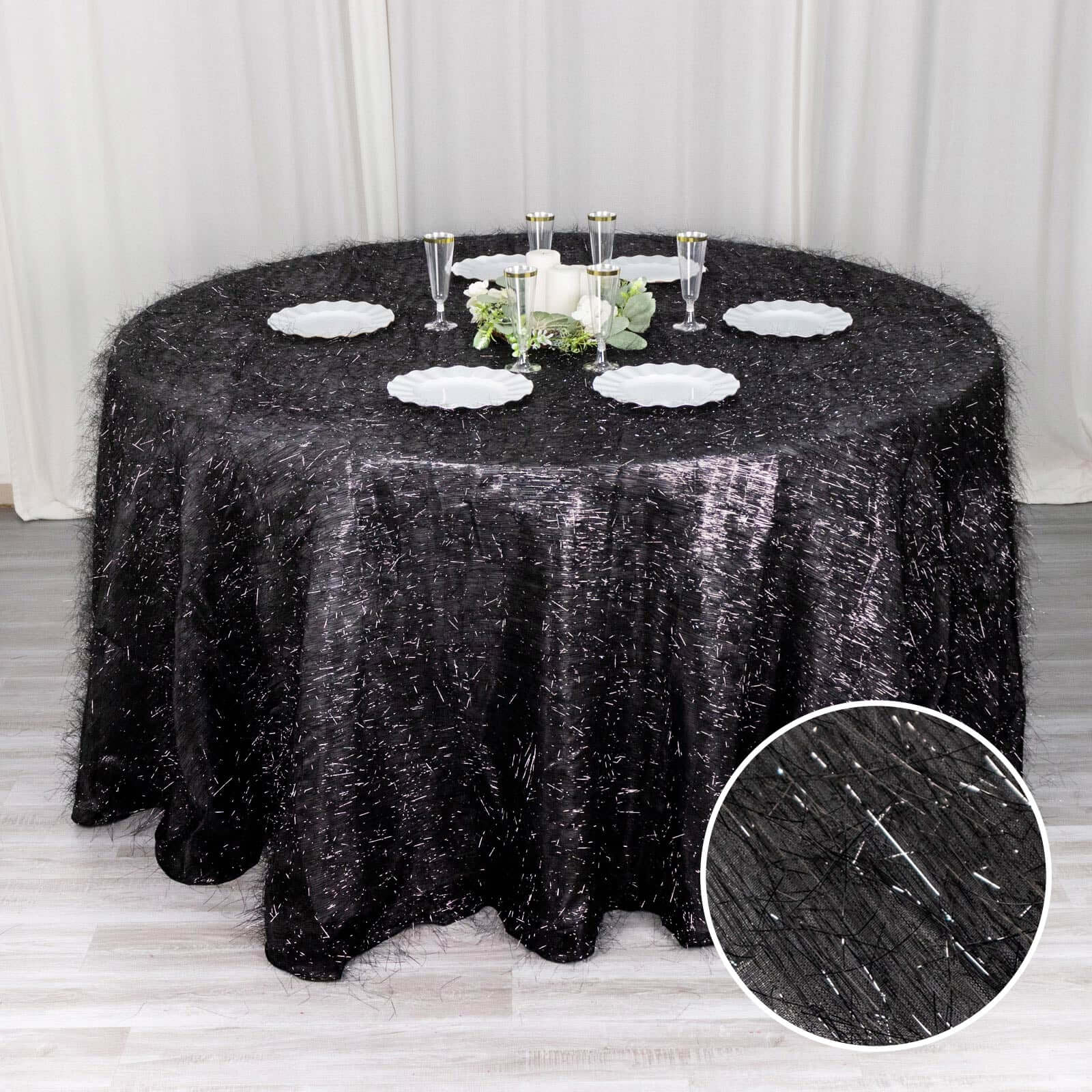 Polyester Round Tablecloth 120" Black Metallic Fringe Shag Tinsel Table Cover - Image 3