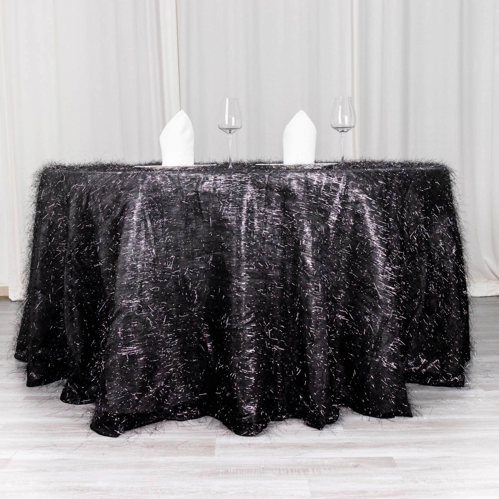 Polyester Round Tablecloth 120" Black Metallic Fringe Shag Tinsel Table Cover - Image 4