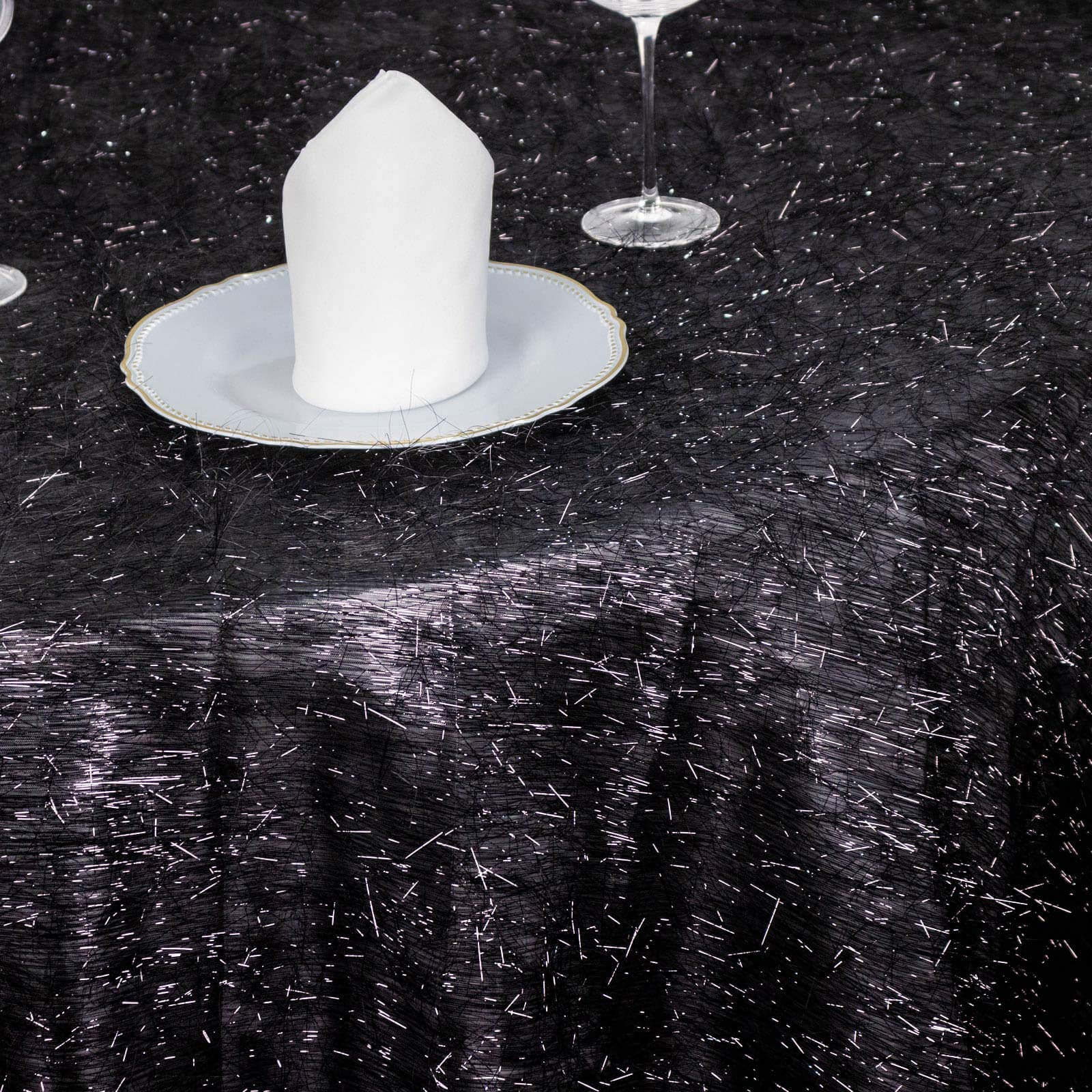 Polyester Round Tablecloth 120" Black Metallic Fringe Shag Tinsel Table Cover - Image 7