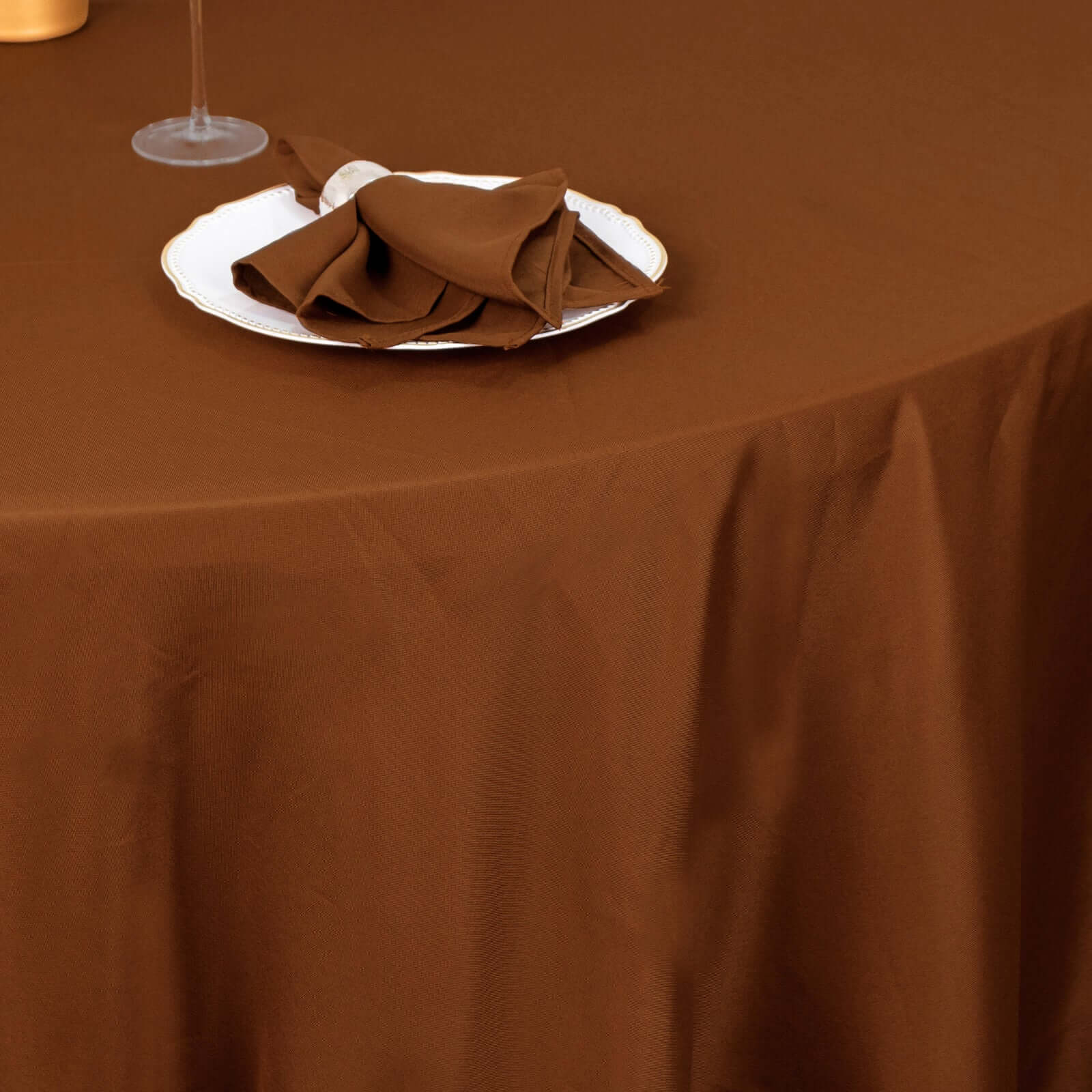 Polyester Round Tablecloth 120" Cinnamon Brown - Durable & Seamless Table Cover - Image 8