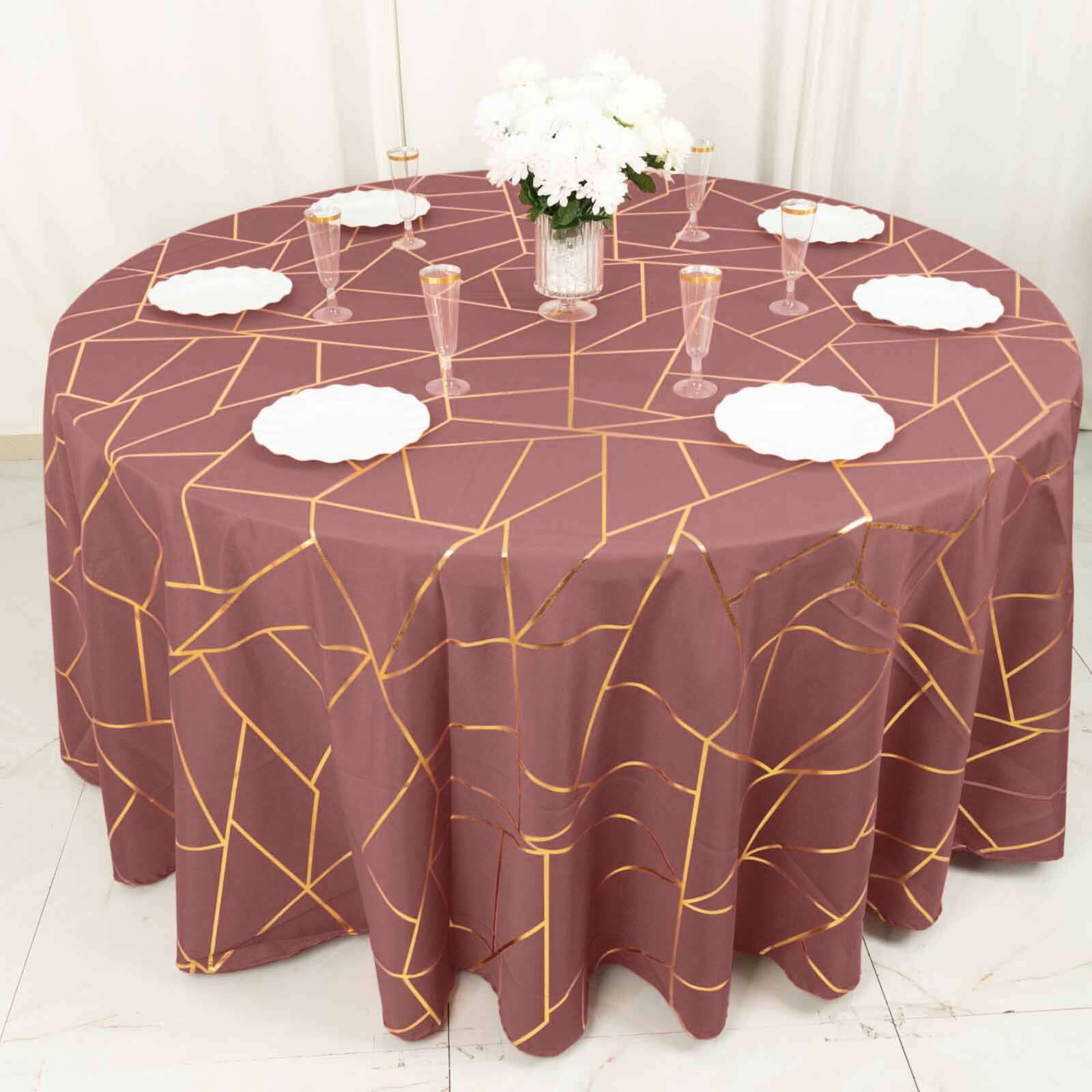 Polyester Round Tablecloth 120" Cinnamon Rose with Gold Foil Geometric Pattern - Seamless & Wrinkle-Resistant Table Cover - Image 13