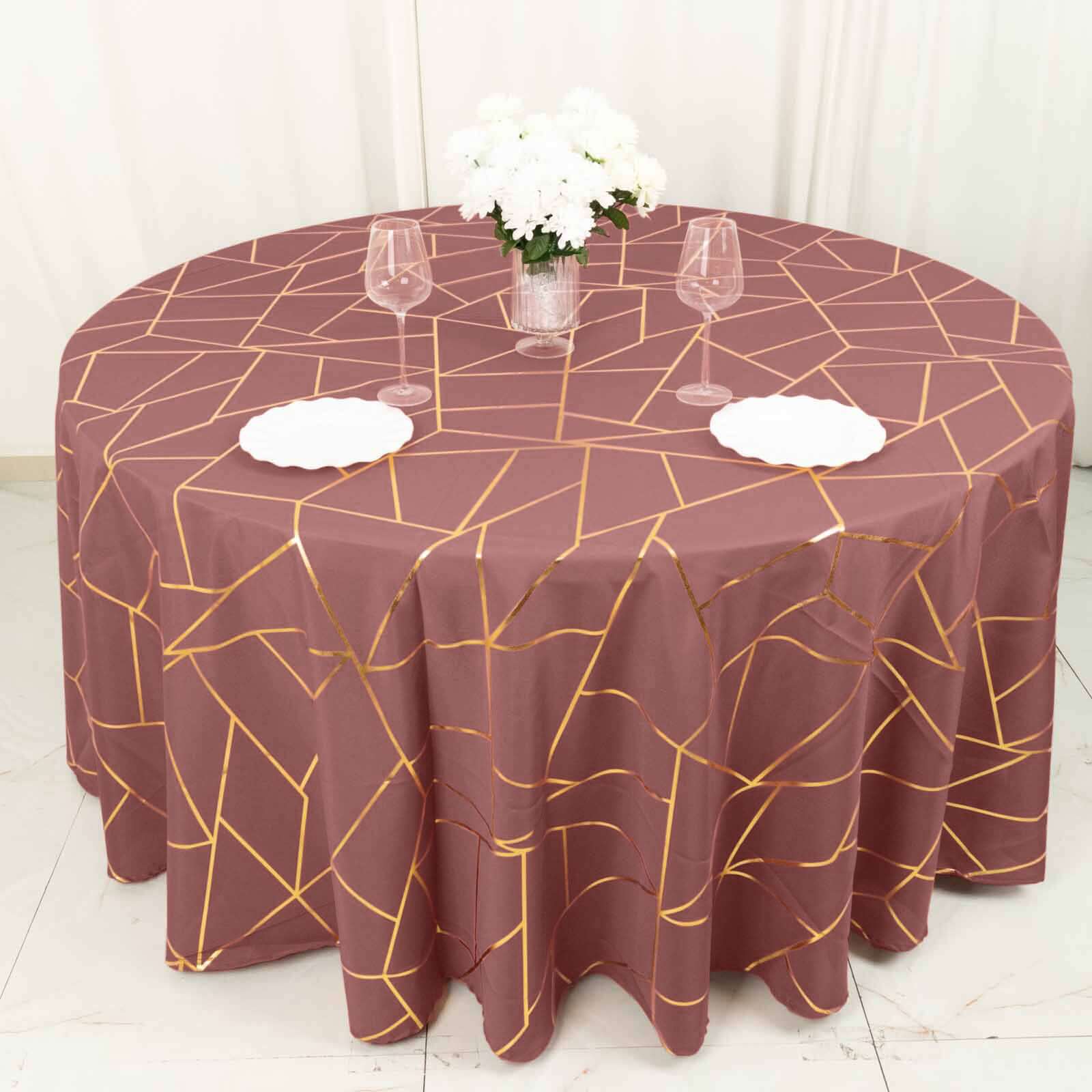 Polyester Round Tablecloth 120" Cinnamon Rose with Gold Foil Geometric Pattern - Seamless & Wrinkle-Resistant Table Cover - Image 3
