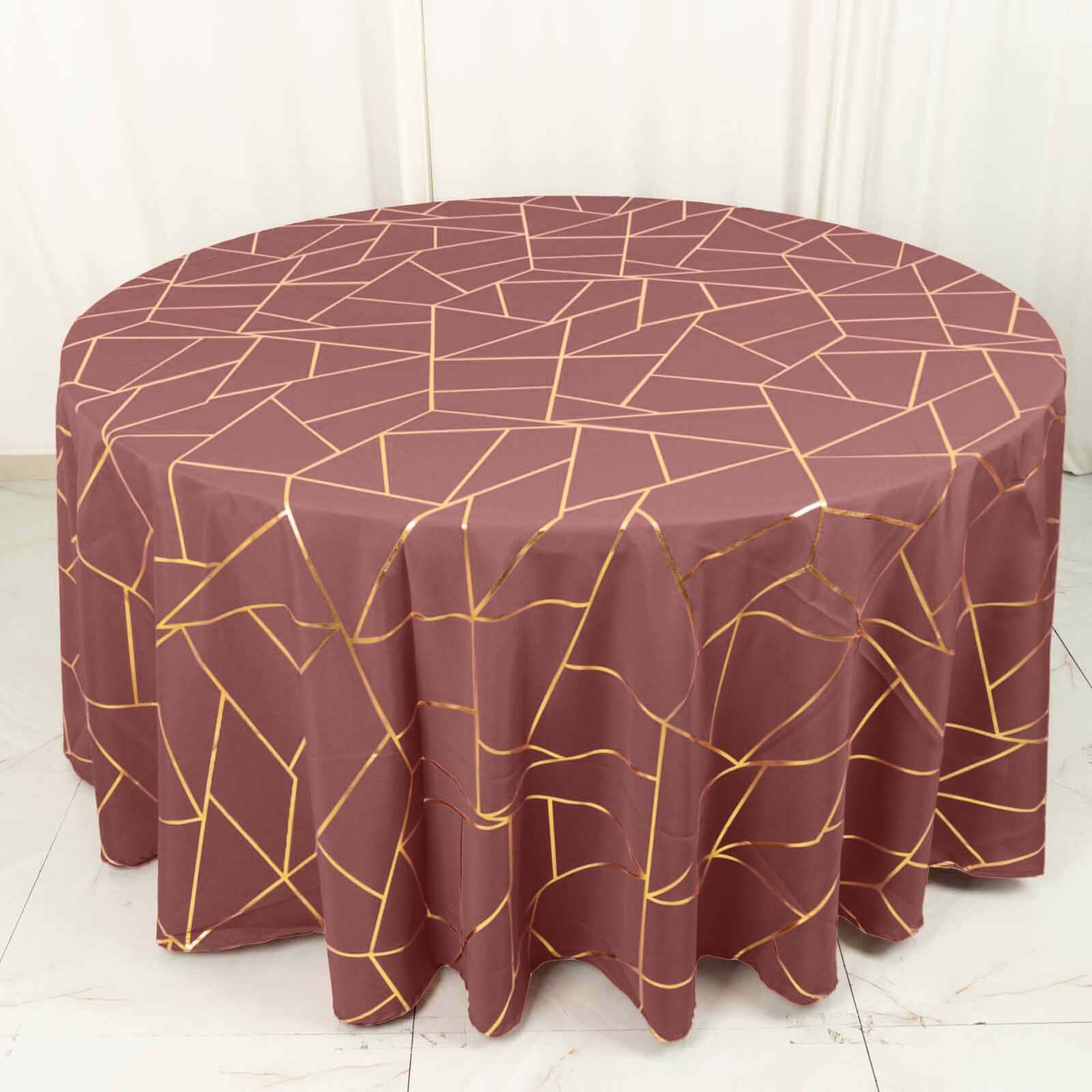 Polyester Round Tablecloth 120" Cinnamon Rose with Gold Foil Geometric Pattern - Seamless & Wrinkle-Resistant Table Cover - Image 4