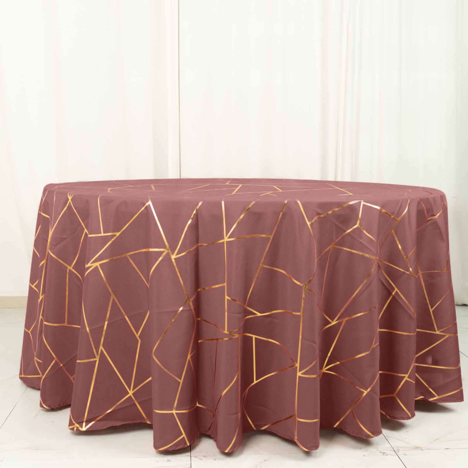 Polyester Round Tablecloth 120" Cinnamon Rose with Gold Foil Geometric Pattern - Seamless & Wrinkle-Resistant Table Cover - Image 7