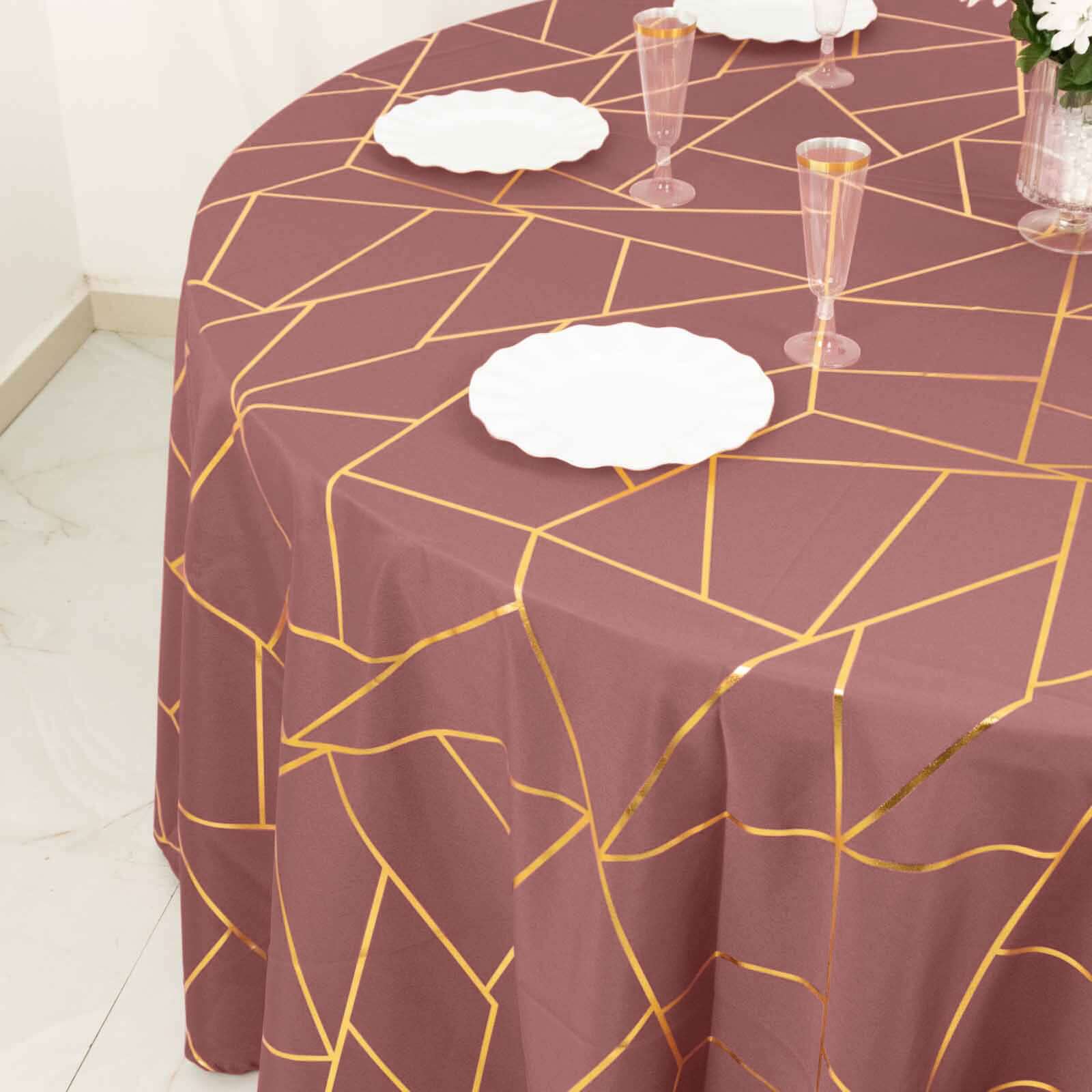 Polyester Round Tablecloth 120" Cinnamon Rose with Gold Foil Geometric Pattern - Seamless & Wrinkle-Resistant Table Cover - Image 8