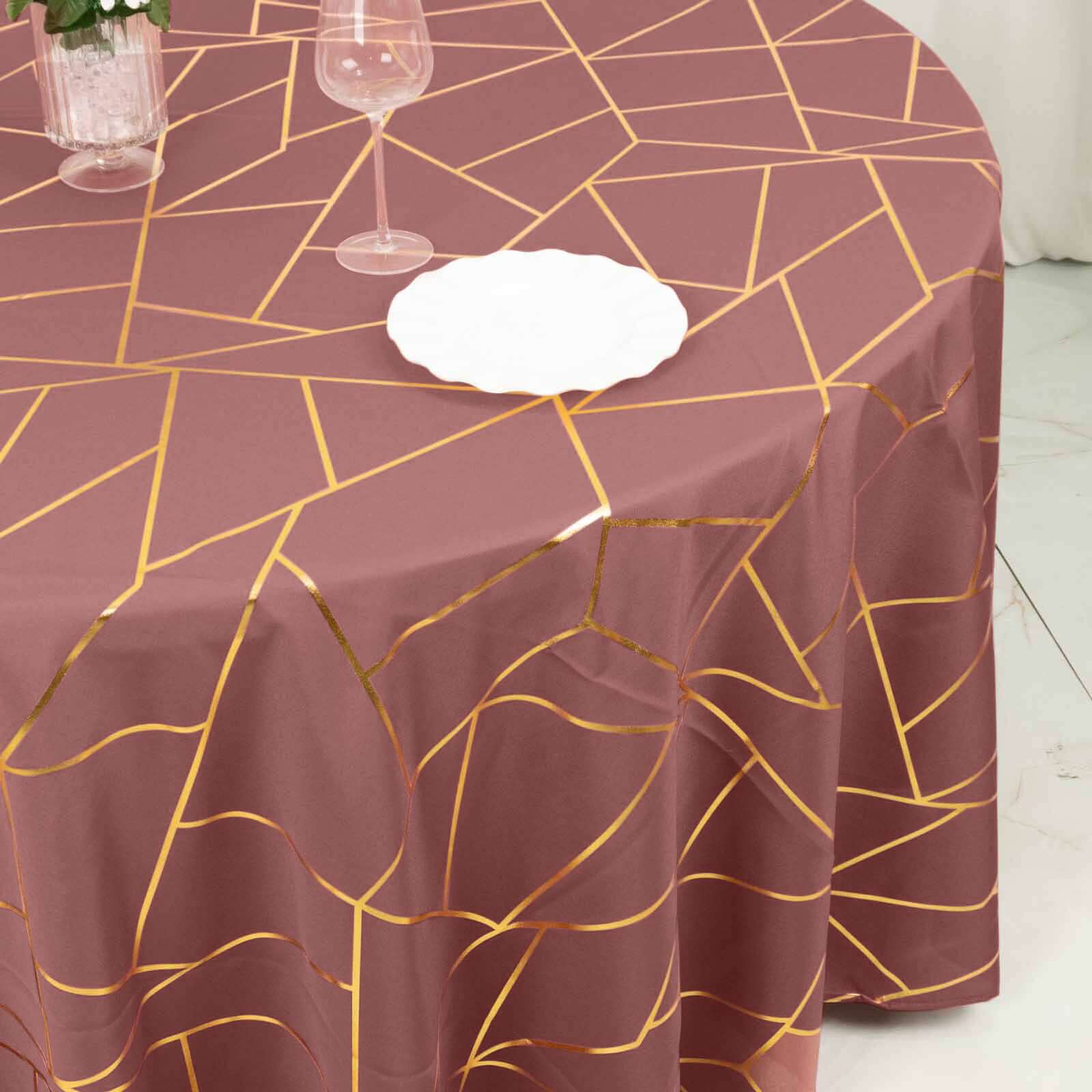 Polyester Round Tablecloth 120" Cinnamon Rose with Gold Foil Geometric Pattern - Seamless & Wrinkle-Resistant Table Cover - Image 9