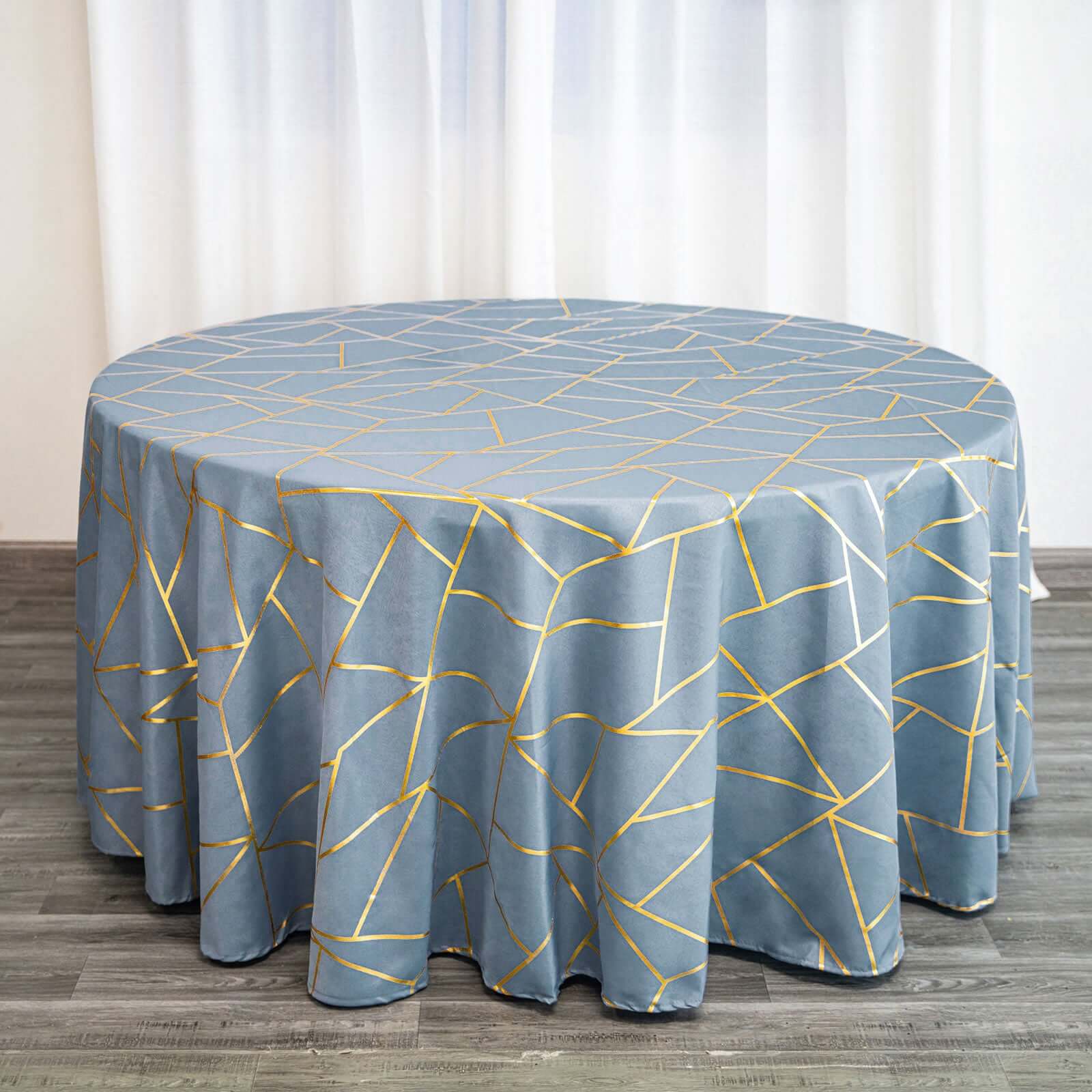 Polyester Round Tablecloth 120" Dusty Blue with Gold Foil Geometric Pattern - Seamless & Wrinkle-Resistant Table Cover