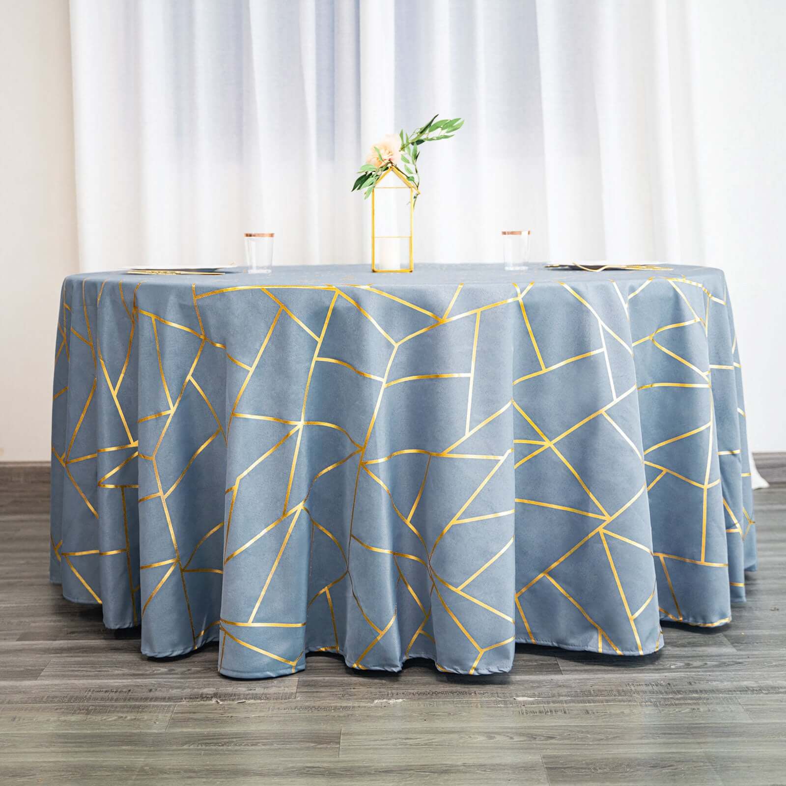 Polyester Round Tablecloth 120" Dusty Blue with Gold Foil Geometric Pattern - Seamless & Wrinkle-Resistant Table Cover - Image 4