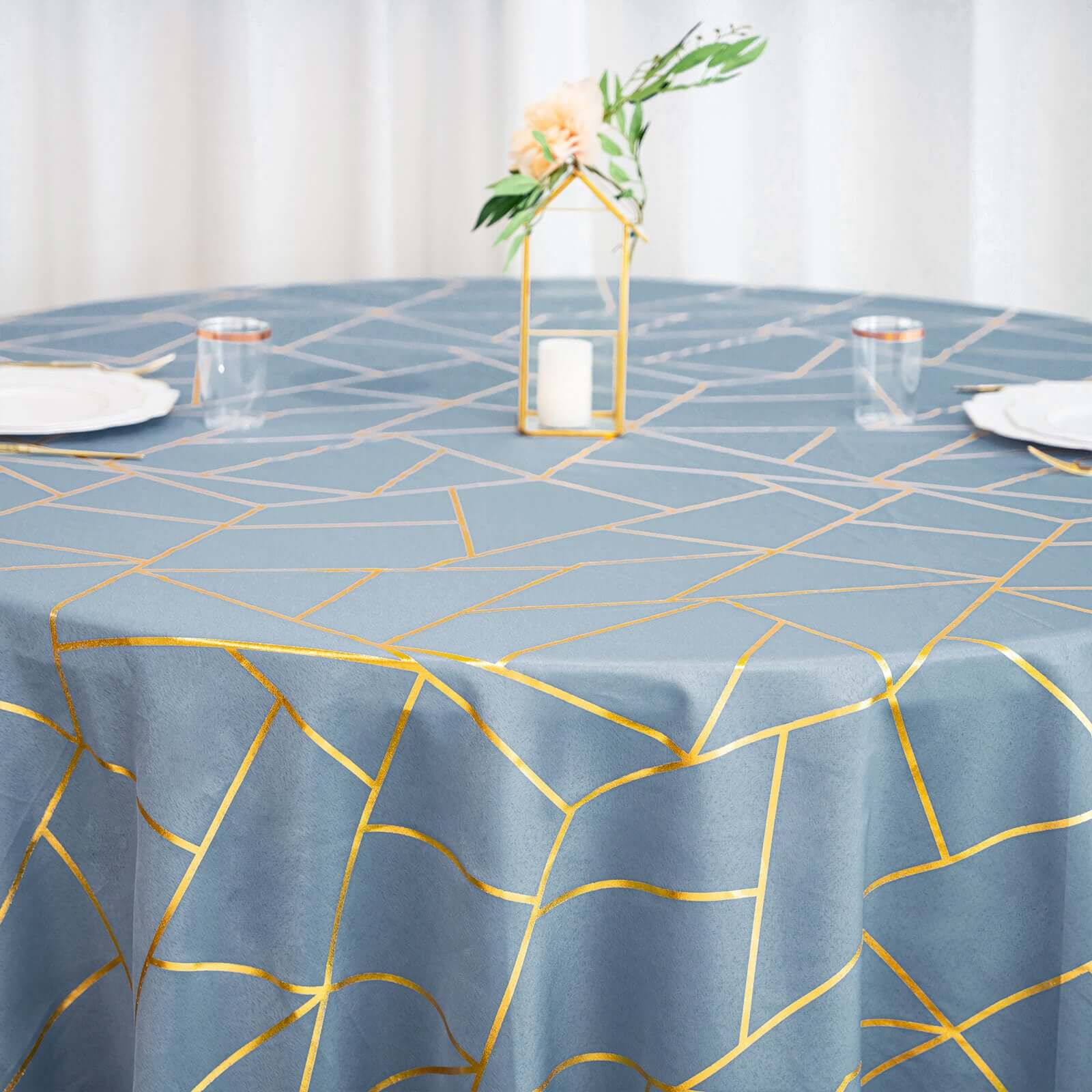 Polyester Round Tablecloth 120" Dusty Blue with Gold Foil Geometric Pattern - Seamless & Wrinkle-Resistant Table Cover - Image 5