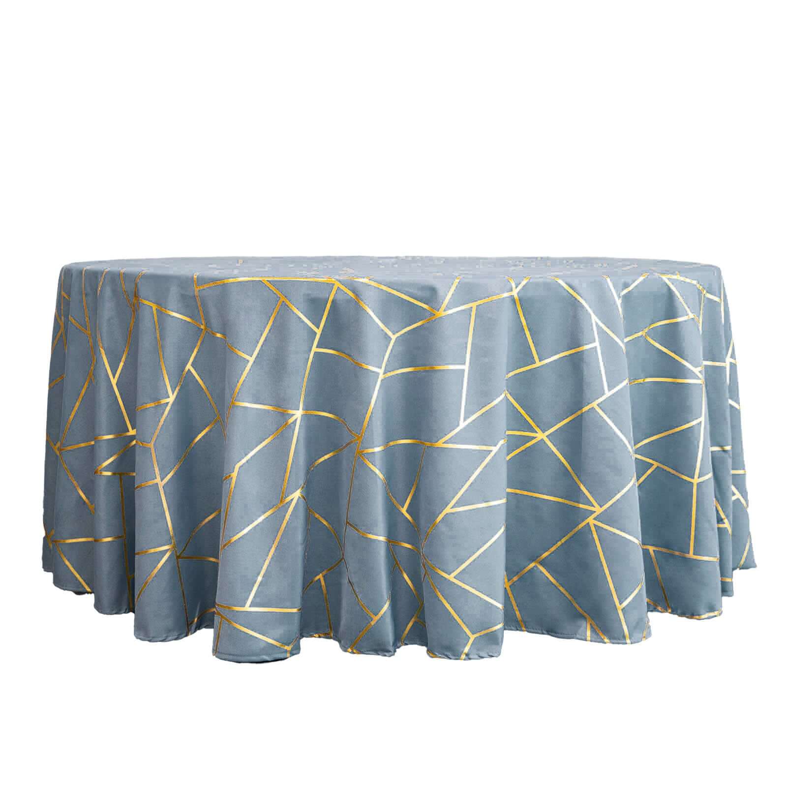 Polyester Round Tablecloth 120" Dusty Blue with Gold Foil Geometric Pattern - Seamless & Wrinkle-Resistant Table Cover - Image 6