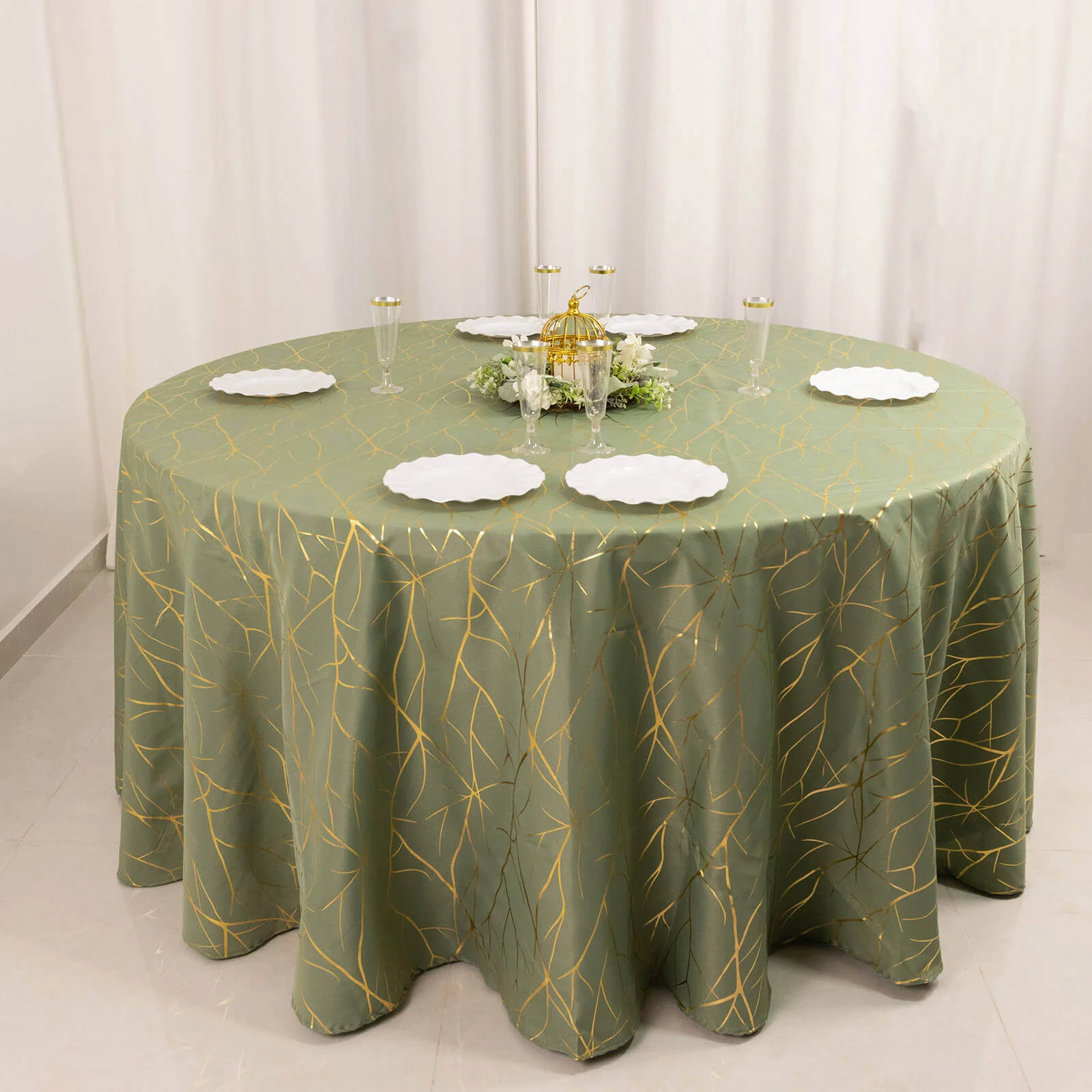 Polyester Round Tablecloth 120" Dusty Sage Green with Gold Foil Tree Branch Pattern - Seamless & Wrinkle-Resistant Table Cover - Image 10