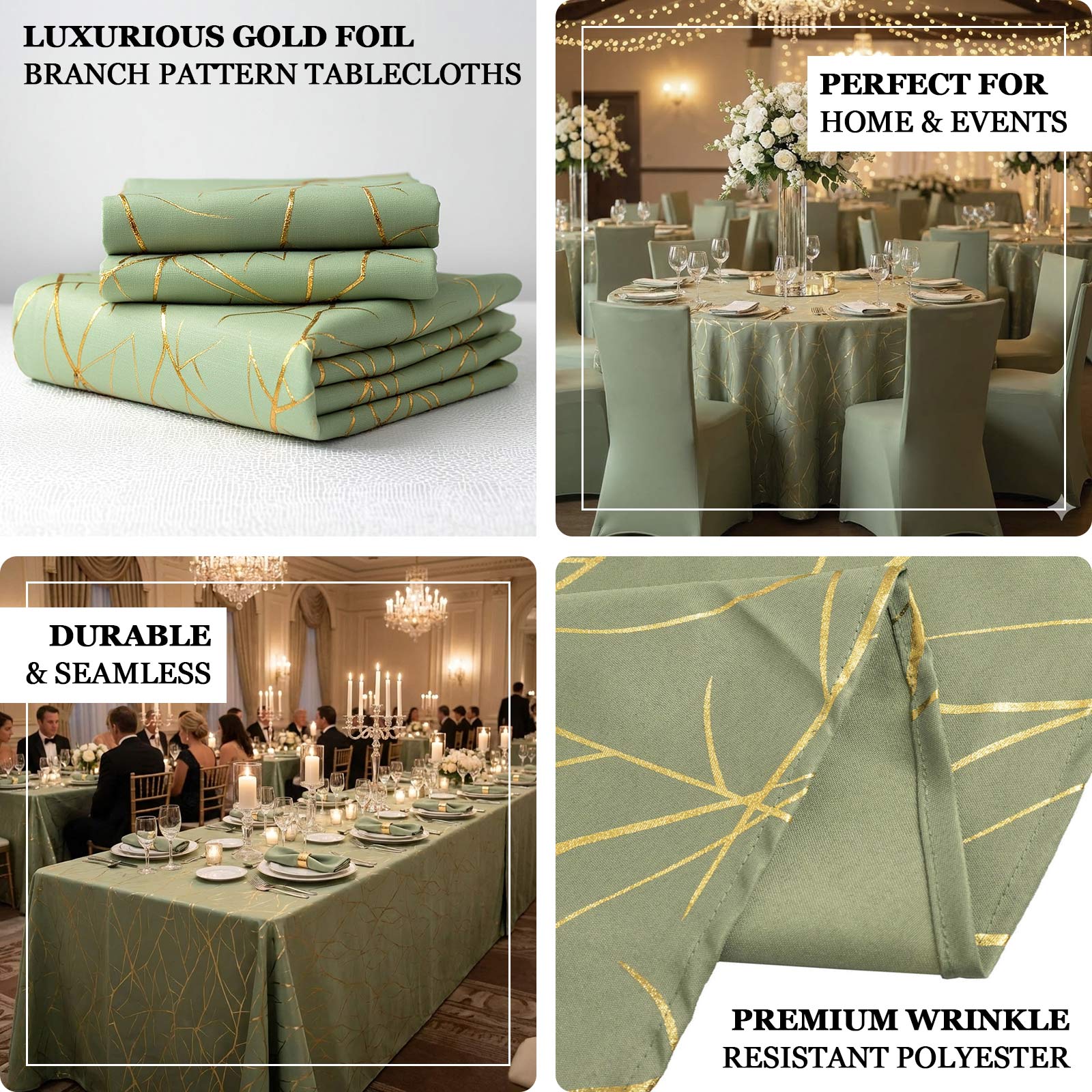 Polyester Rectangle Tablecloth 90"x132" Dusty Sage Green with Gold Foil Tree Branch Pattern - Seamless & Wrinkle-Resistant Table Cover - Image 4