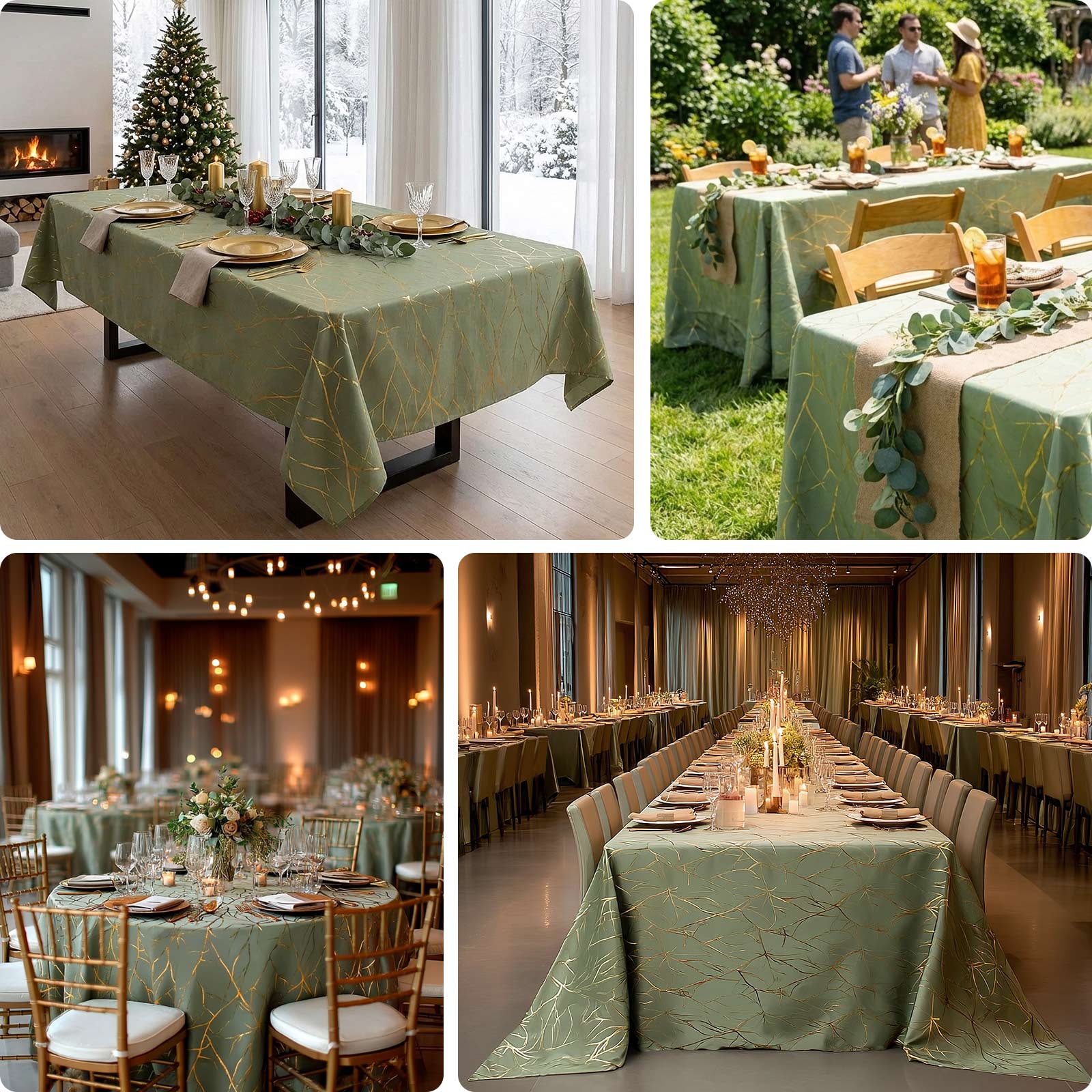 Polyester Rectangle Tablecloth 90"x132" Dusty Sage Green with Gold Foil Tree Branch Pattern - Seamless & Wrinkle-Resistant Table Cover - Image 5