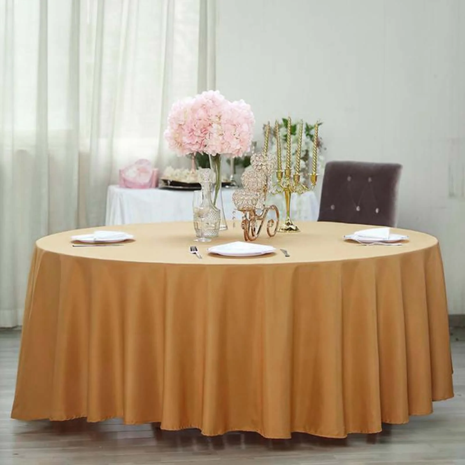 Polyester Round Tablecloth 120" Gold - Durable & Seamless Design for Polished Event Styling - Image 2
