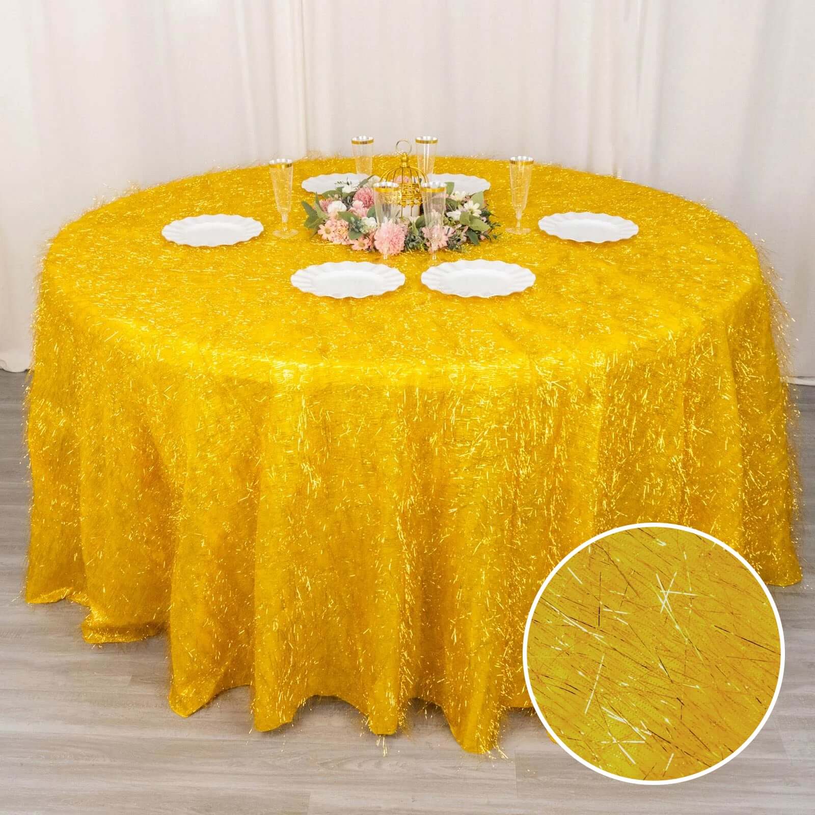Polyester Round Tablecloth 120" Gold Metallic Fringe Shag Tinsel Design - Dazzling Table Cover for Upscale Celebrations - Image 3