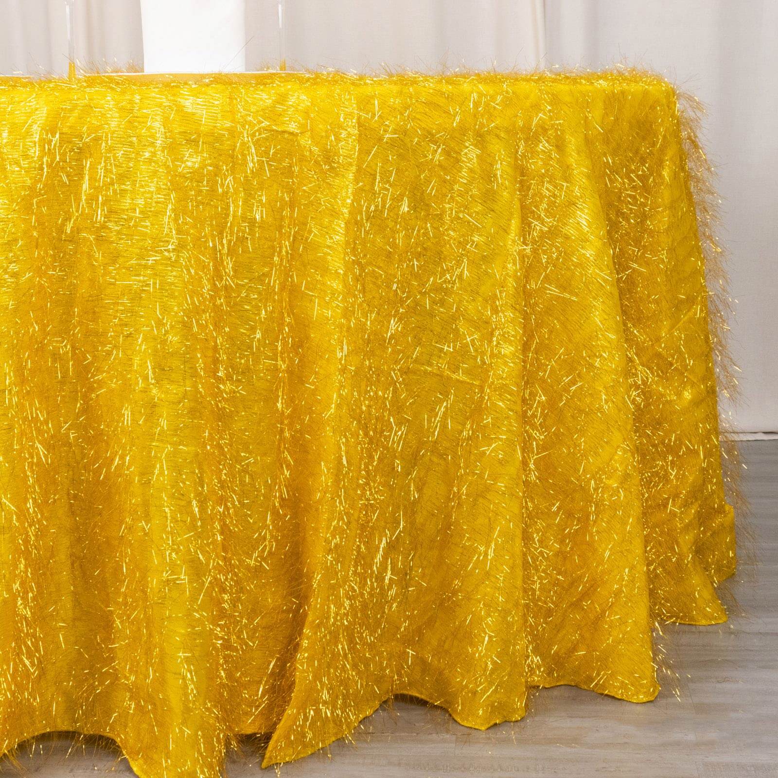 Polyester Round Tablecloth 120" Gold Metallic Fringe Shag Tinsel Design - Dazzling Table Cover for Upscale Celebrations - Image 4