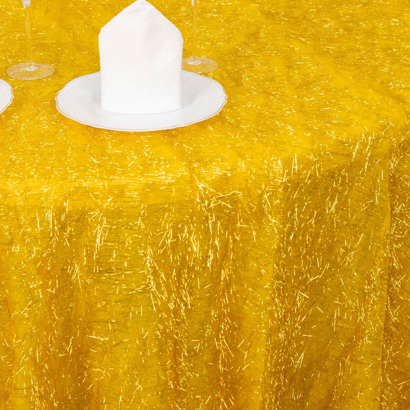 Polyester Round Tablecloth 120" Gold Metallic Fringe Shag Tinsel Design - Dazzling Table Cover for Upscale Celebrations - Image 5