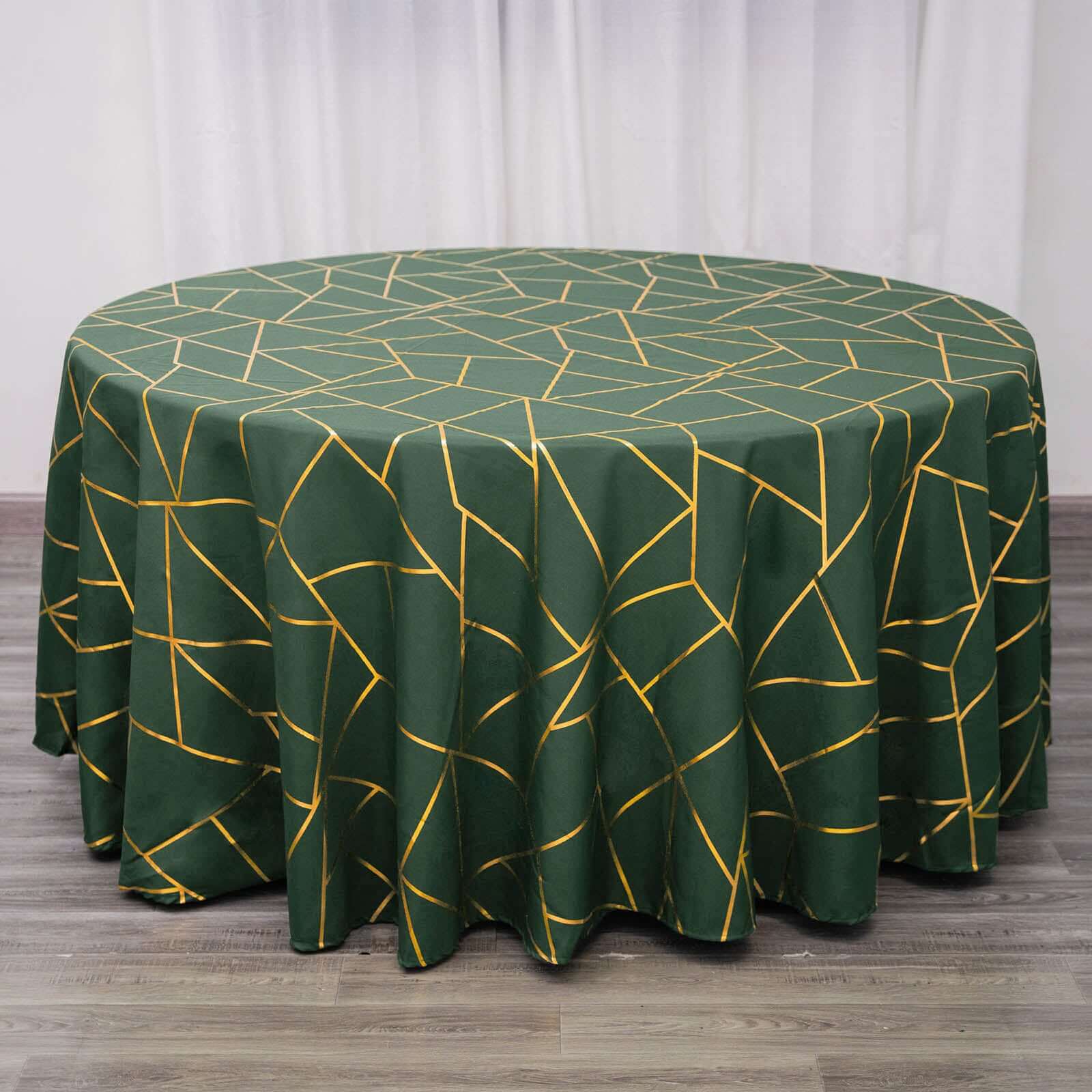 Polyester Round Tablecloth 120" Hunter Emerald Green with Gold Foil Geometric Pattern - Seamless & Wrinkle-Resistant Table Cover