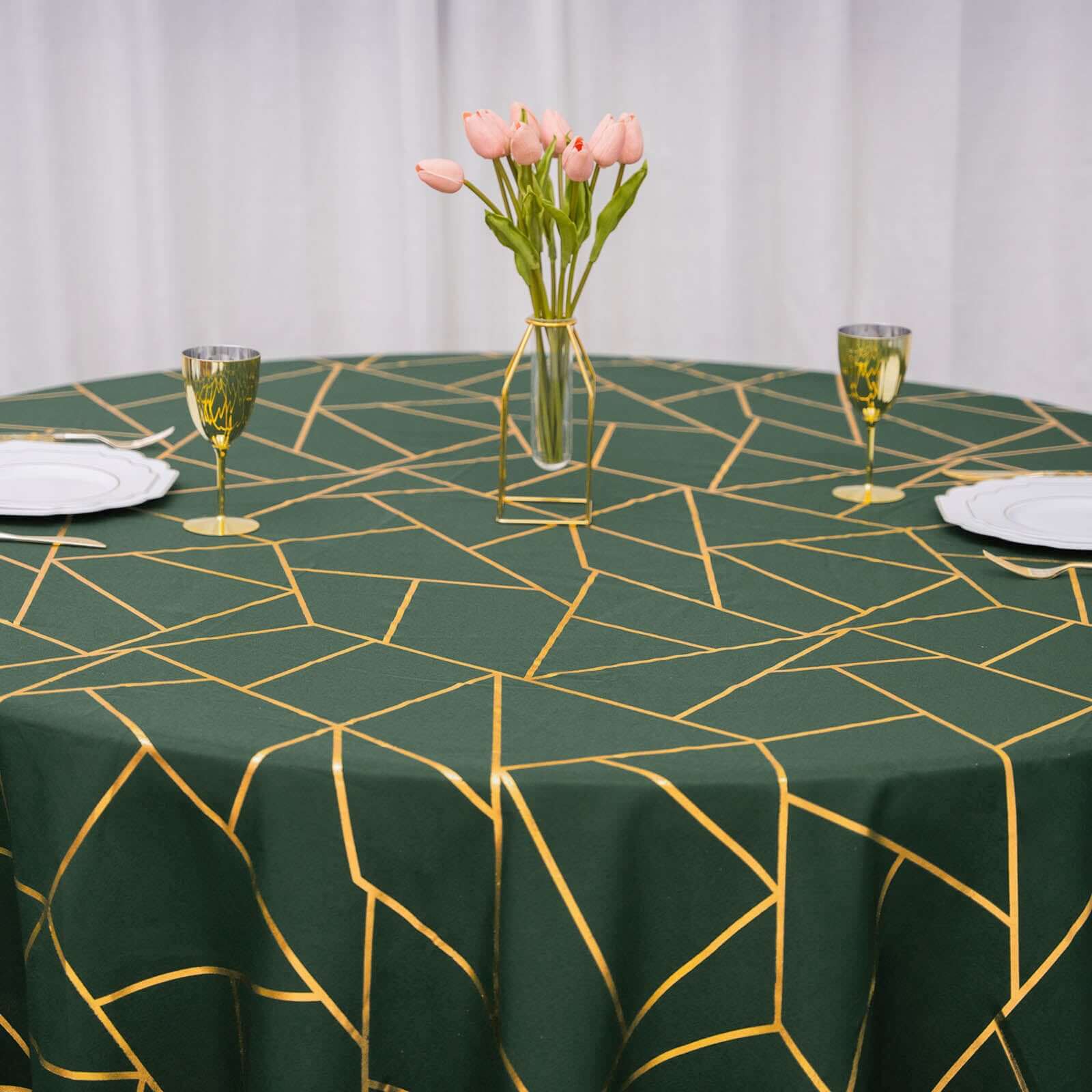 Polyester Round Tablecloth 120" Hunter Emerald Green with Gold Foil Geometric Pattern - Seamless & Wrinkle-Resistant Table Cover - Image 5