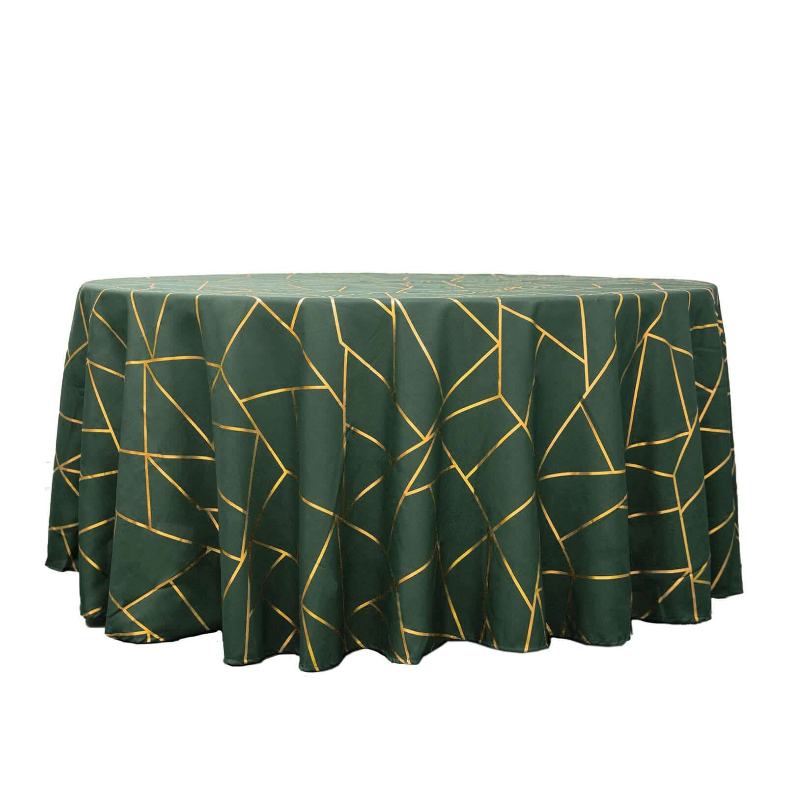 Polyester Round Tablecloth 120" Hunter Emerald Green with Gold Foil Geometric Pattern - Seamless & Wrinkle-Resistant Table Cover - Image 6