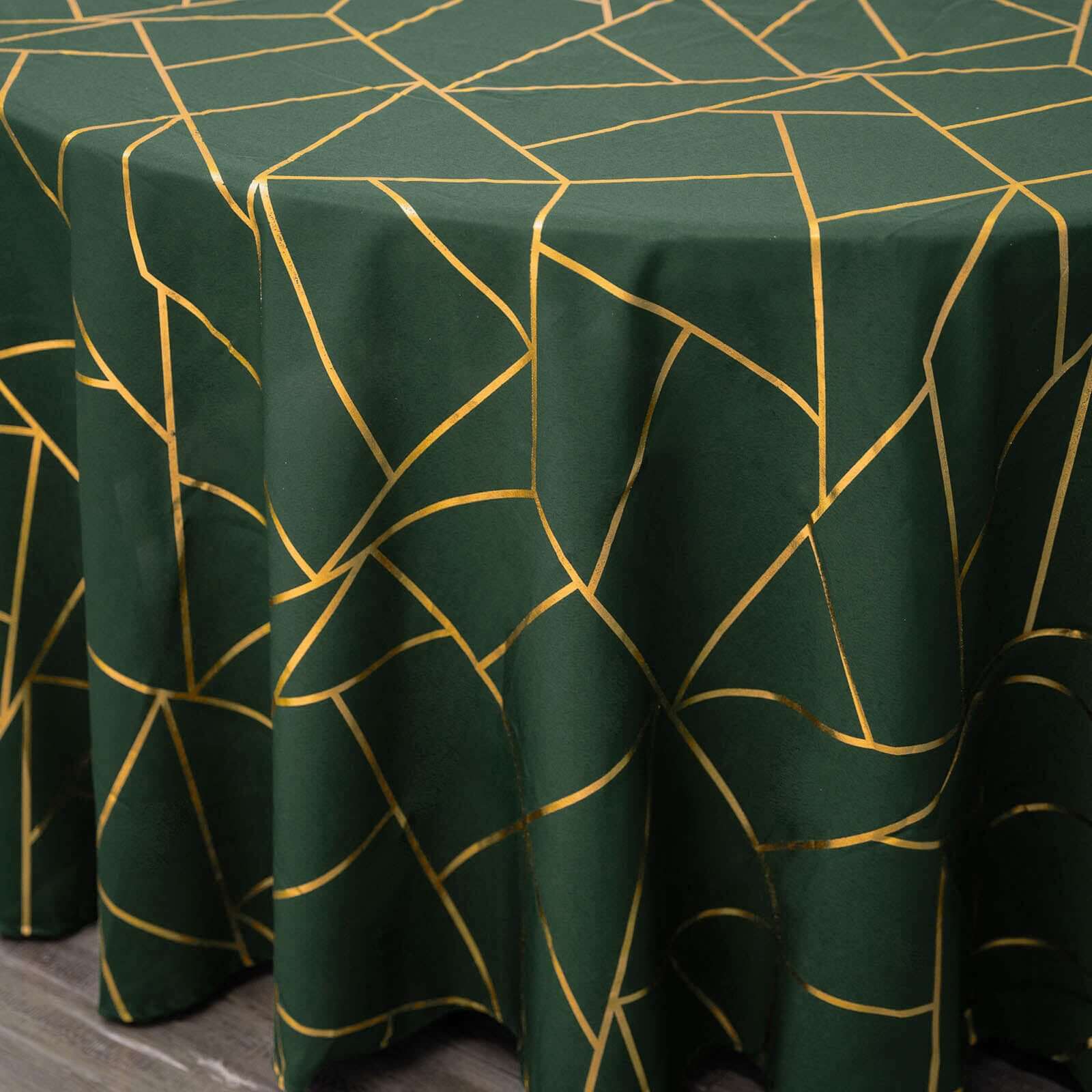 Polyester Round Tablecloth 120" Hunter Emerald Green with Gold Foil Geometric Pattern - Seamless & Wrinkle-Resistant Table Cover - Image 7