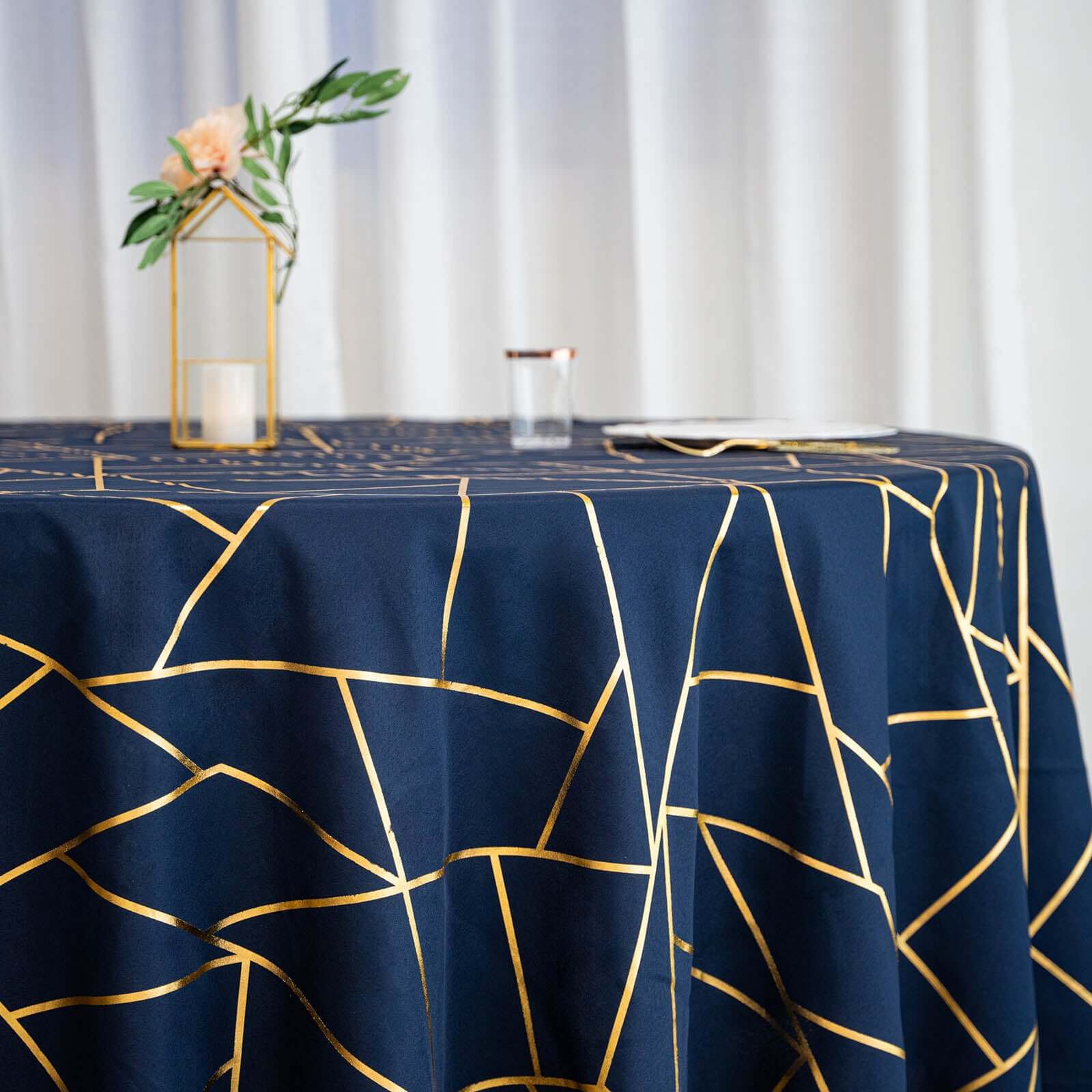 Polyester Round Tablecloth 120" Navy Blue with Gold Foil Geometric Pattern - Seamless & Wrinkle-Resistant Table Cover - Image 2