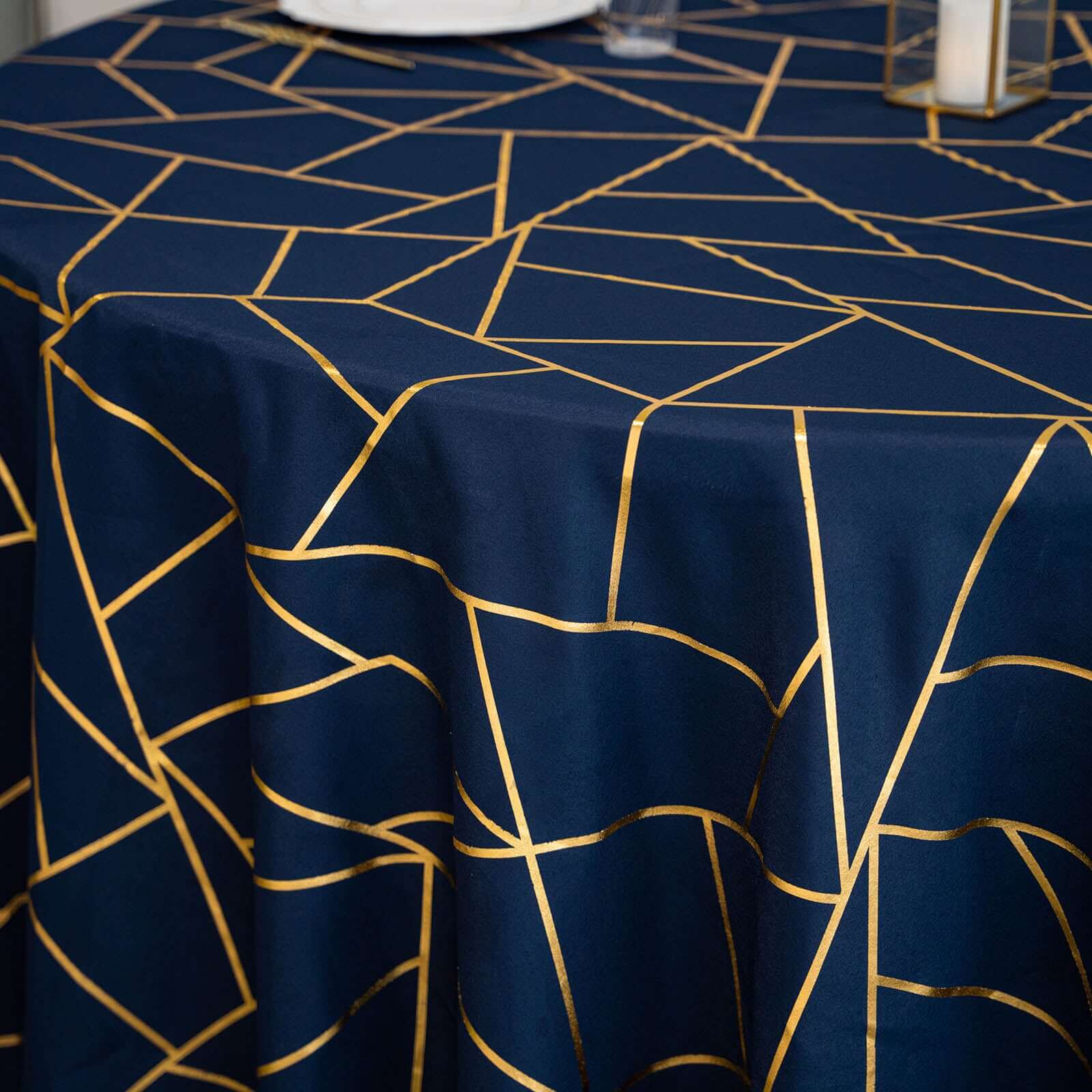 Polyester Round Tablecloth 120" Navy Blue with Gold Foil Geometric Pattern - Seamless & Wrinkle-Resistant Table Cover - Image 5