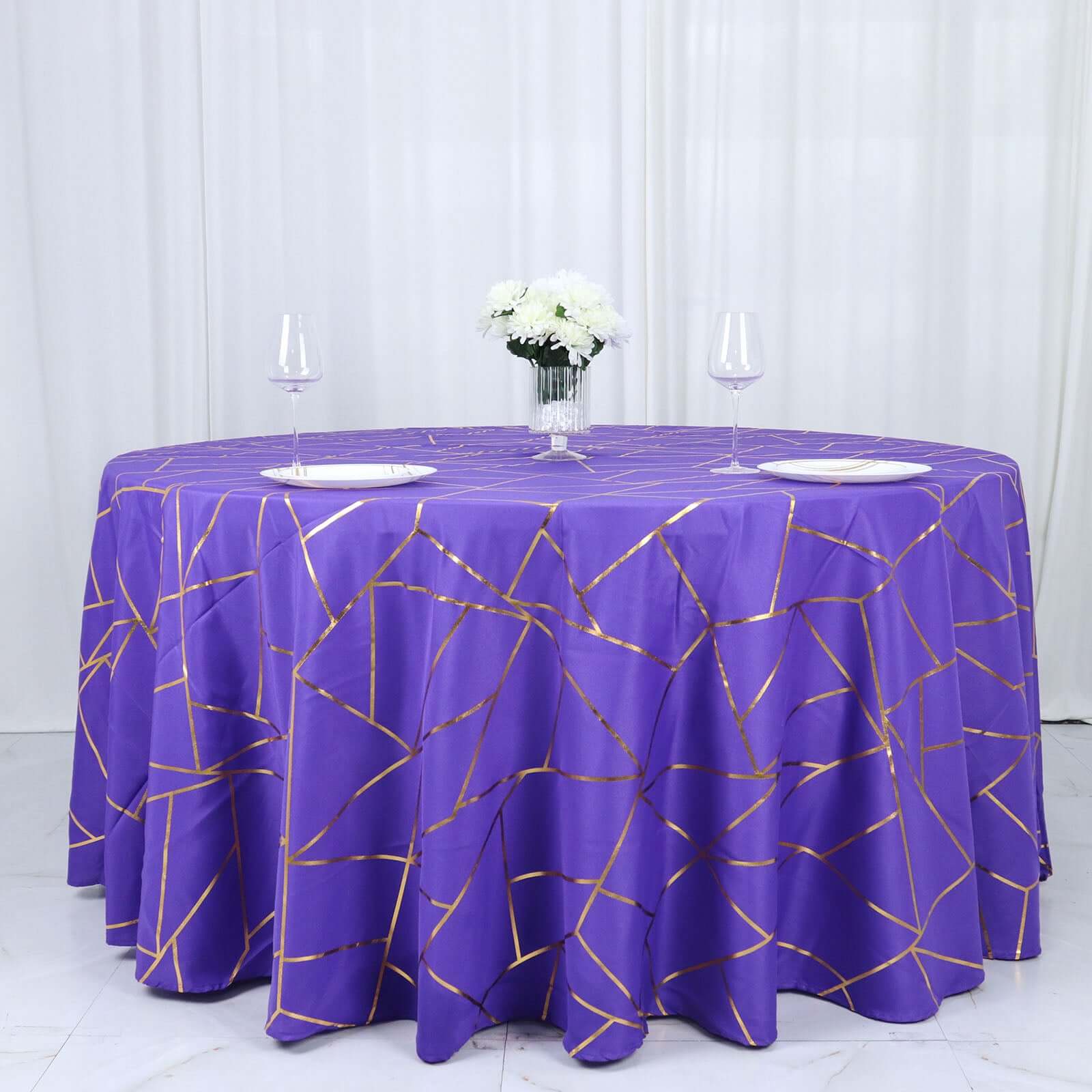 Polyester Round Tablecloth 120" Purple with Gold Foil Geometric Pattern - Seamless & Wrinkle-Resistant Table Cover - Image 5