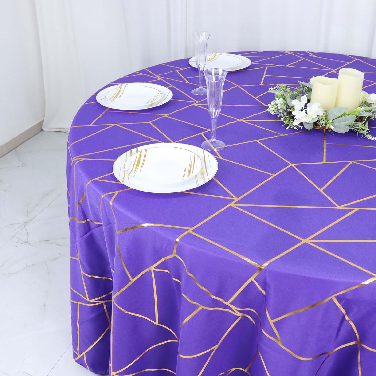 Polyester Round Tablecloth 120" Purple with Gold Foil Geometric Pattern - Seamless & Wrinkle-Resistant Table Cover - Image 6