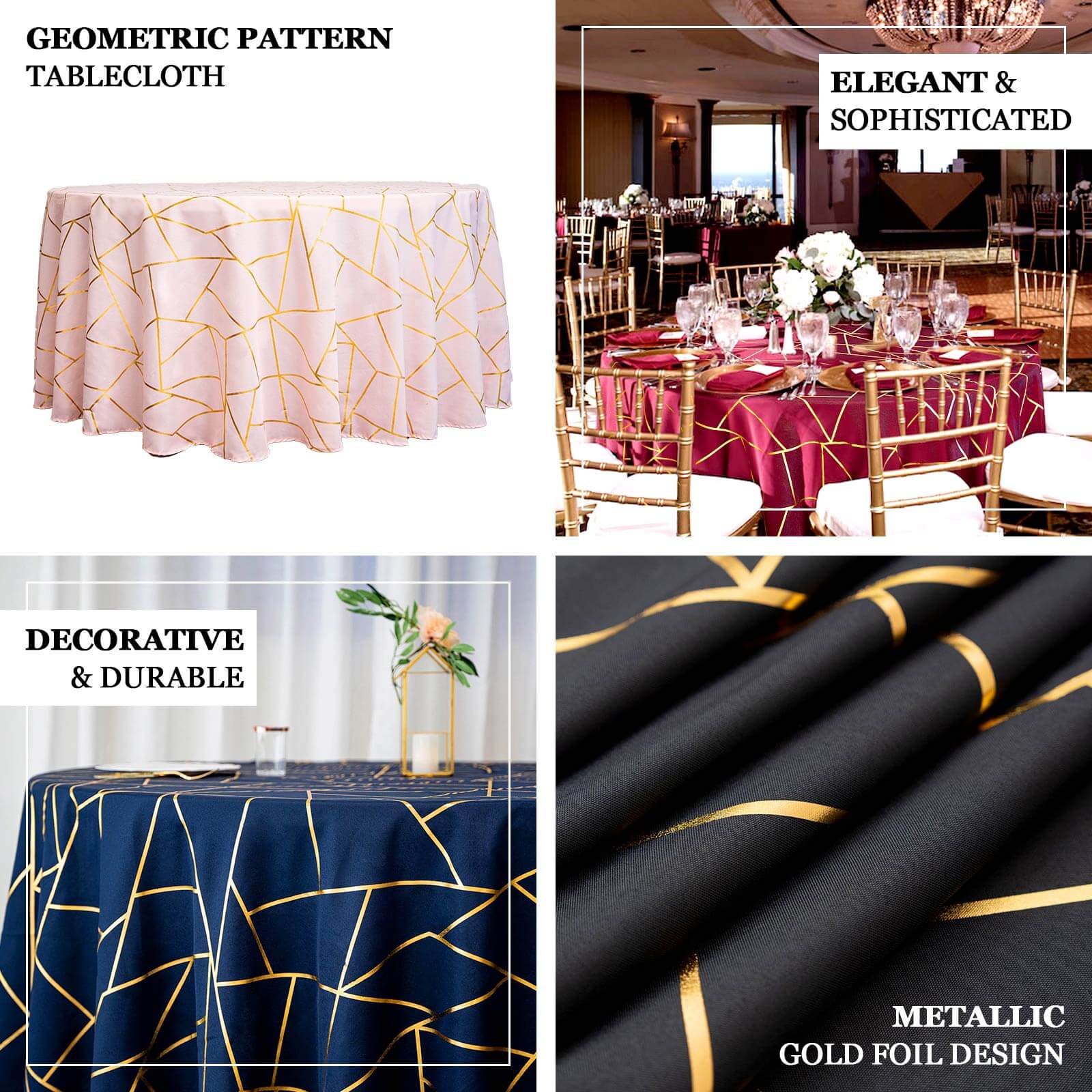 Polyester Round Tablecloth 120" Royal Blue with Gold Foil Geometric Pattern - Seamless & Wrinkle-Resistant Table Cover - Image 2