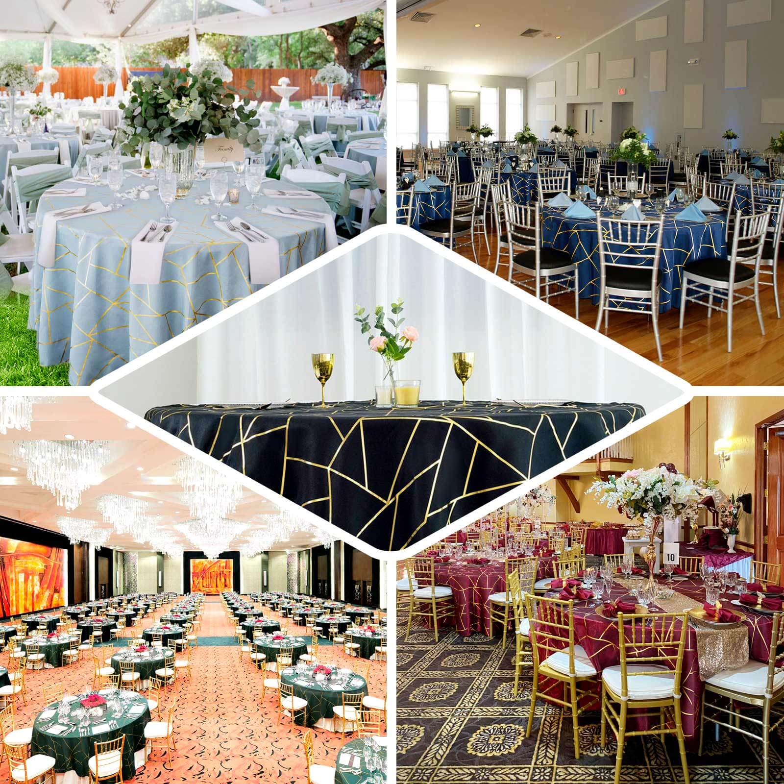 Polyester Round Tablecloth 120" Royal Blue with Gold Foil Geometric Pattern - Seamless & Wrinkle-Resistant Table Cover - Image 3