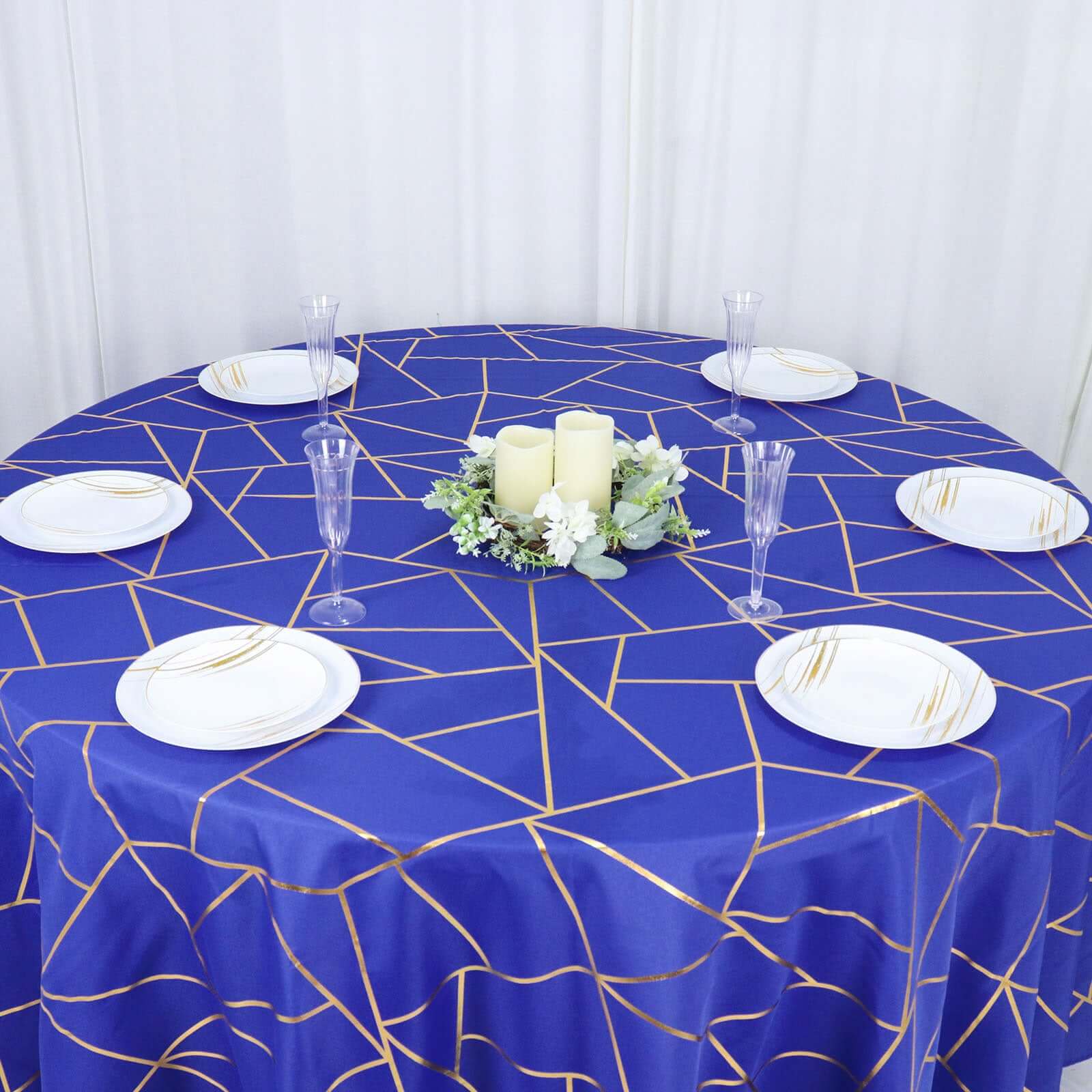 Polyester Round Tablecloth 120" Royal Blue with Gold Foil Geometric Pattern - Seamless & Wrinkle-Resistant Table Cover - Image 4