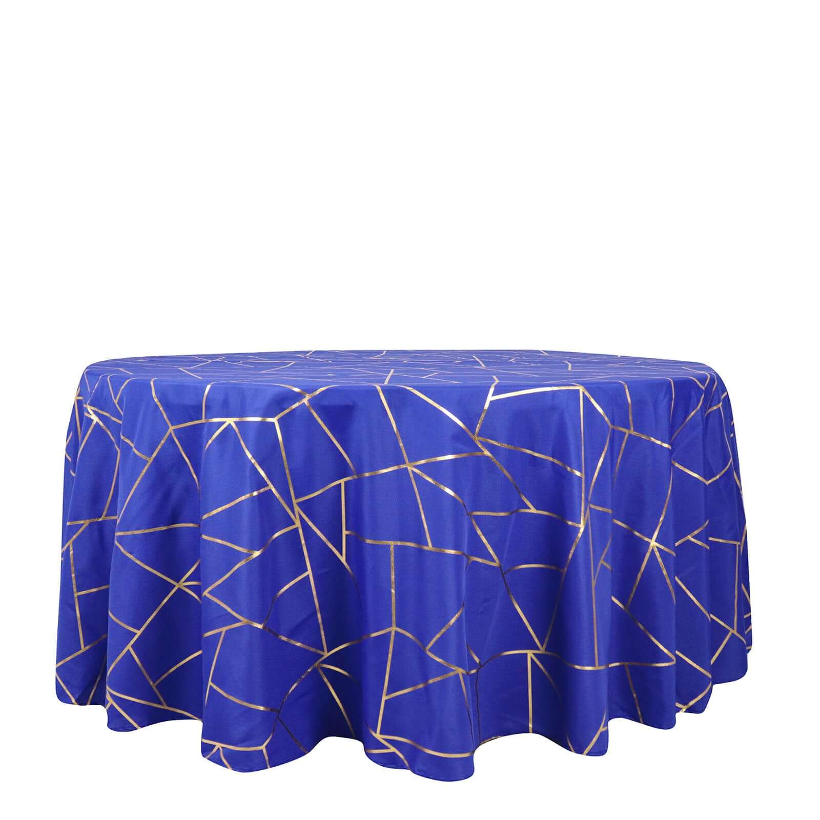 Polyester Round Tablecloth 120" Royal Blue with Gold Foil Geometric Pattern - Seamless & Wrinkle-Resistant Table Cover - Image 5