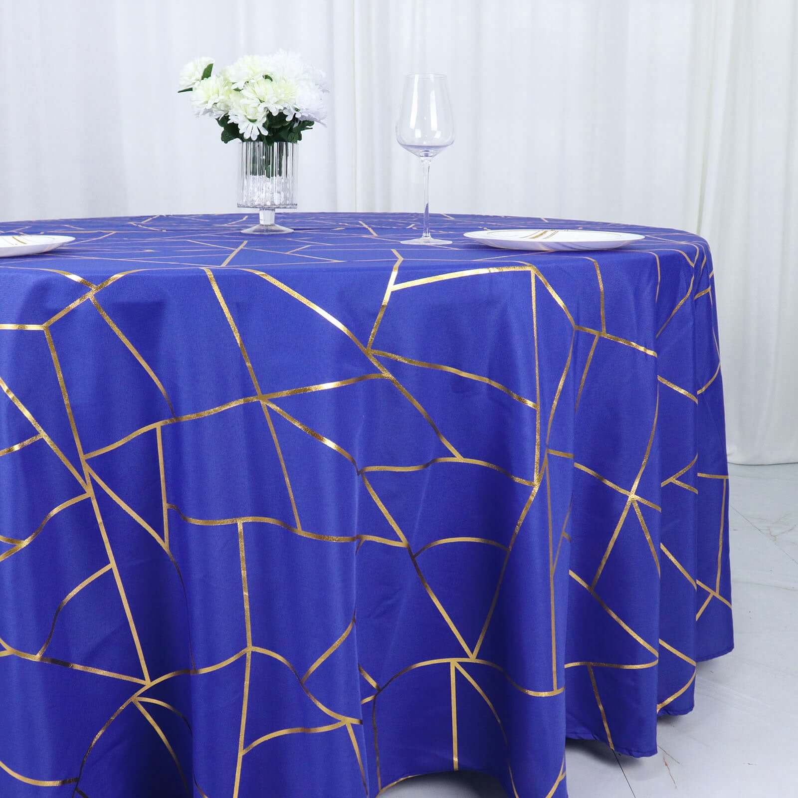 Polyester Round Tablecloth 120" Royal Blue with Gold Foil Geometric Pattern - Seamless & Wrinkle-Resistant Table Cover - Image 7