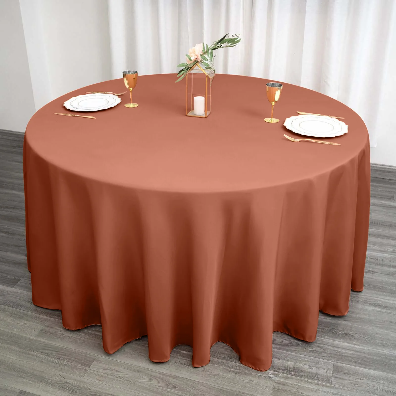 Polyester Round Tablecloth 120" Terracotta (Rust) - Durable & Seamless Table Cover - Image 5
