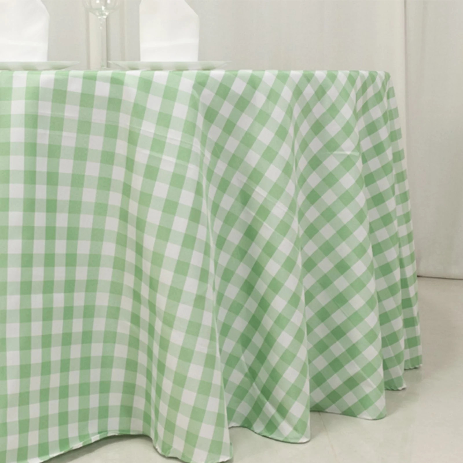 Polyester Round Tablecloth 120" White/Sage Green with Checkered Buffalo Plaid Design - Seamless Rustic Table Cover - Image 2