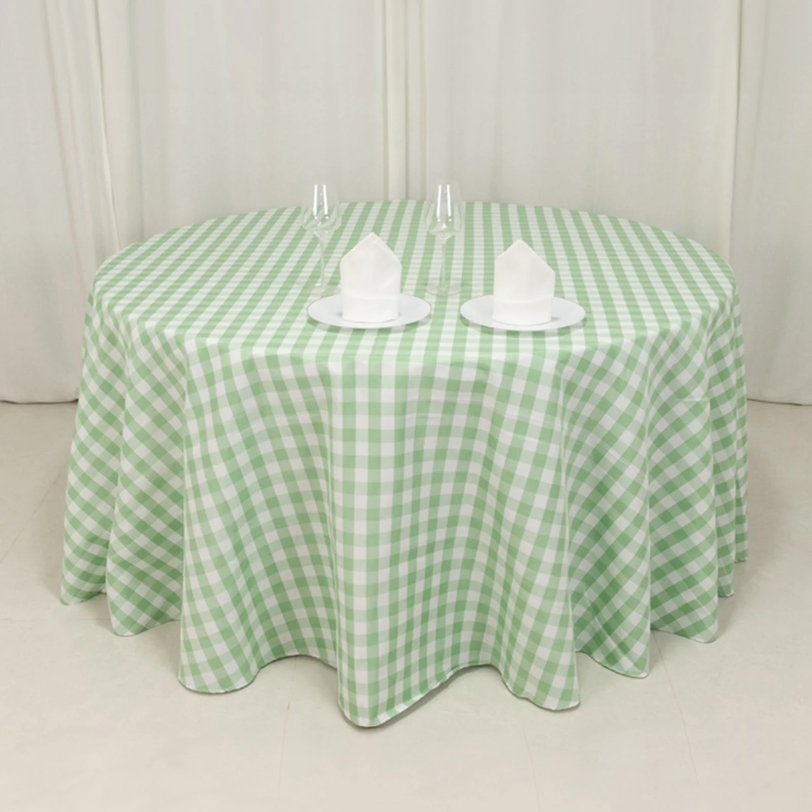 Polyester Round Tablecloth 120" White/Sage Green with Checkered Buffalo Plaid Design - Seamless Rustic Table Cover - Image 6