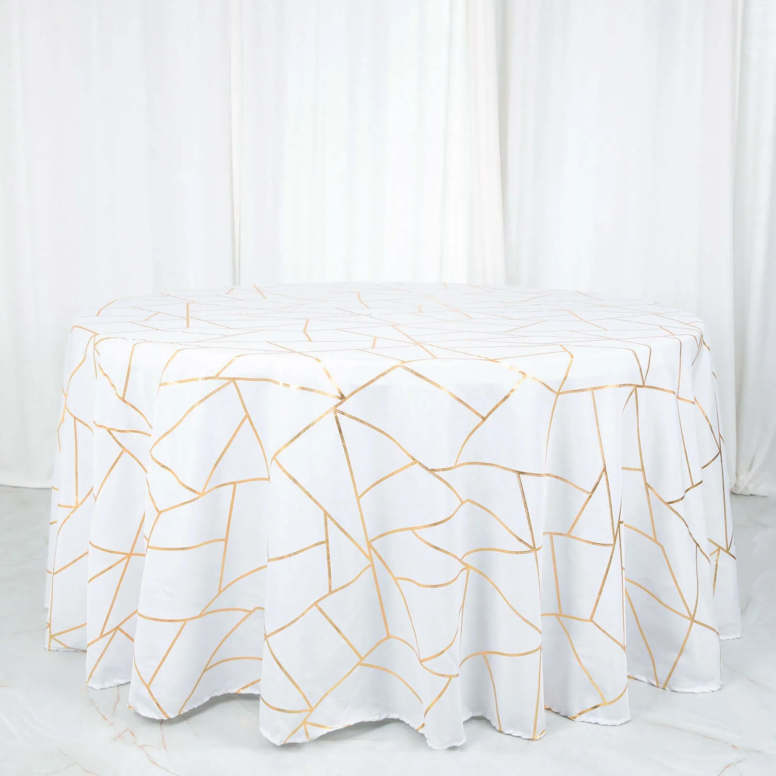 Polyester Round Tablecloth 120" White with Gold Foil Geometric Pattern - Seamless and Wrinkle-Resistant Table Cover for Trendy Weddings & Events