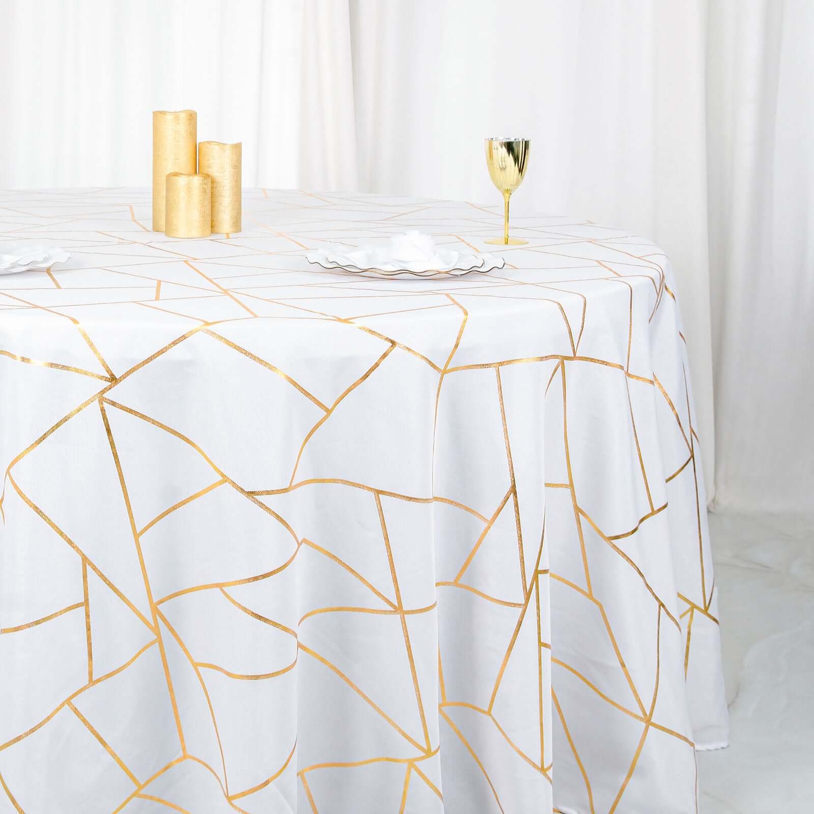 Polyester Round Tablecloth 120" White with Gold Foil Geometric Pattern - Seamless and Wrinkle-Resistant Table Cover for Trendy Weddings & Events - Image 2