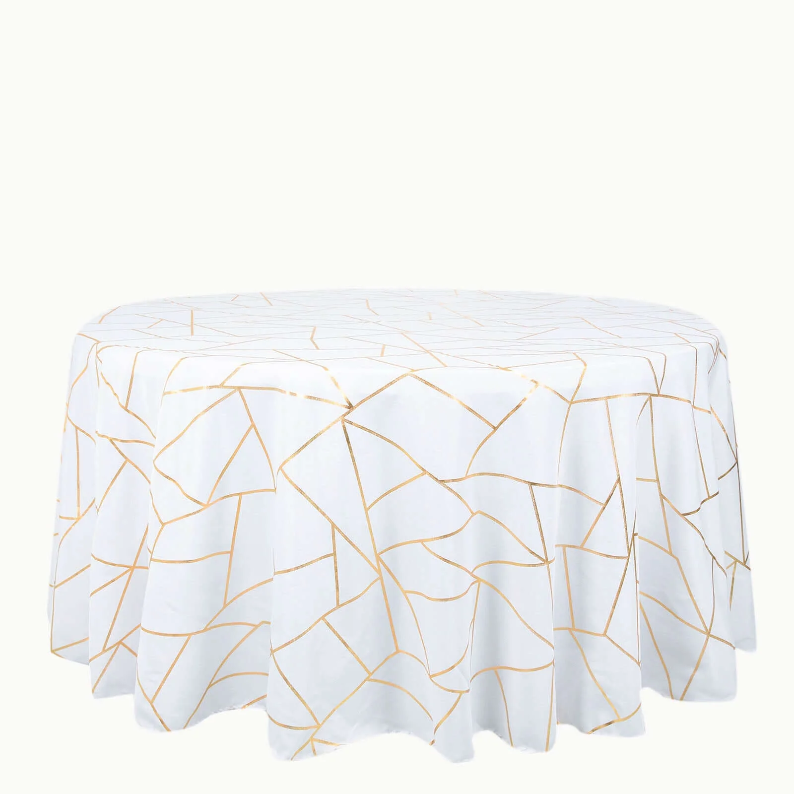 Polyester Round Tablecloth 120" White with Gold Foil Geometric Pattern - Seamless and Wrinkle-Resistant Table Cover for Trendy Weddings & Events - Image 6