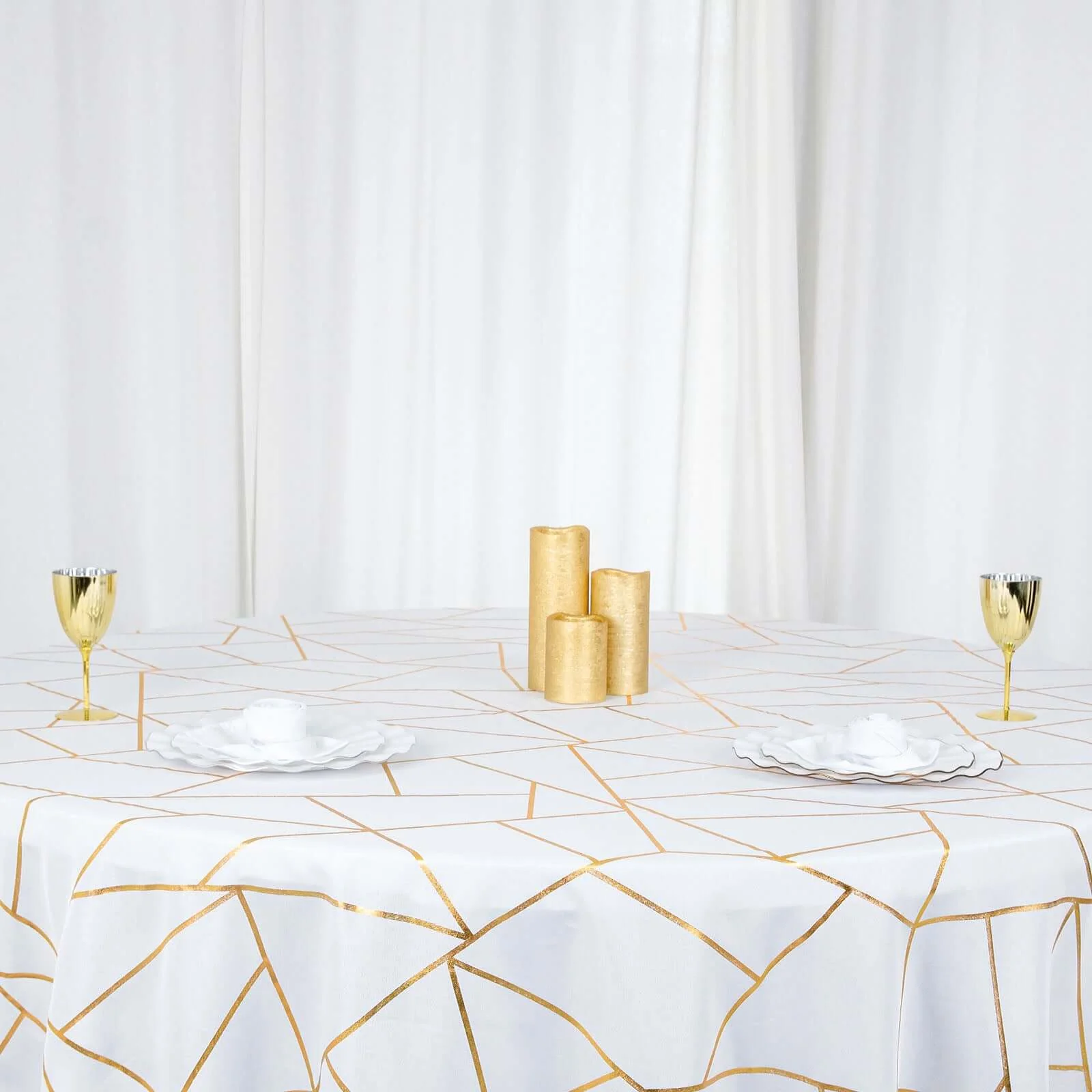 Polyester Round Tablecloth 120" White with Gold Foil Geometric Pattern - Seamless and Wrinkle-Resistant Table Cover for Trendy Weddings & Events - Image 7